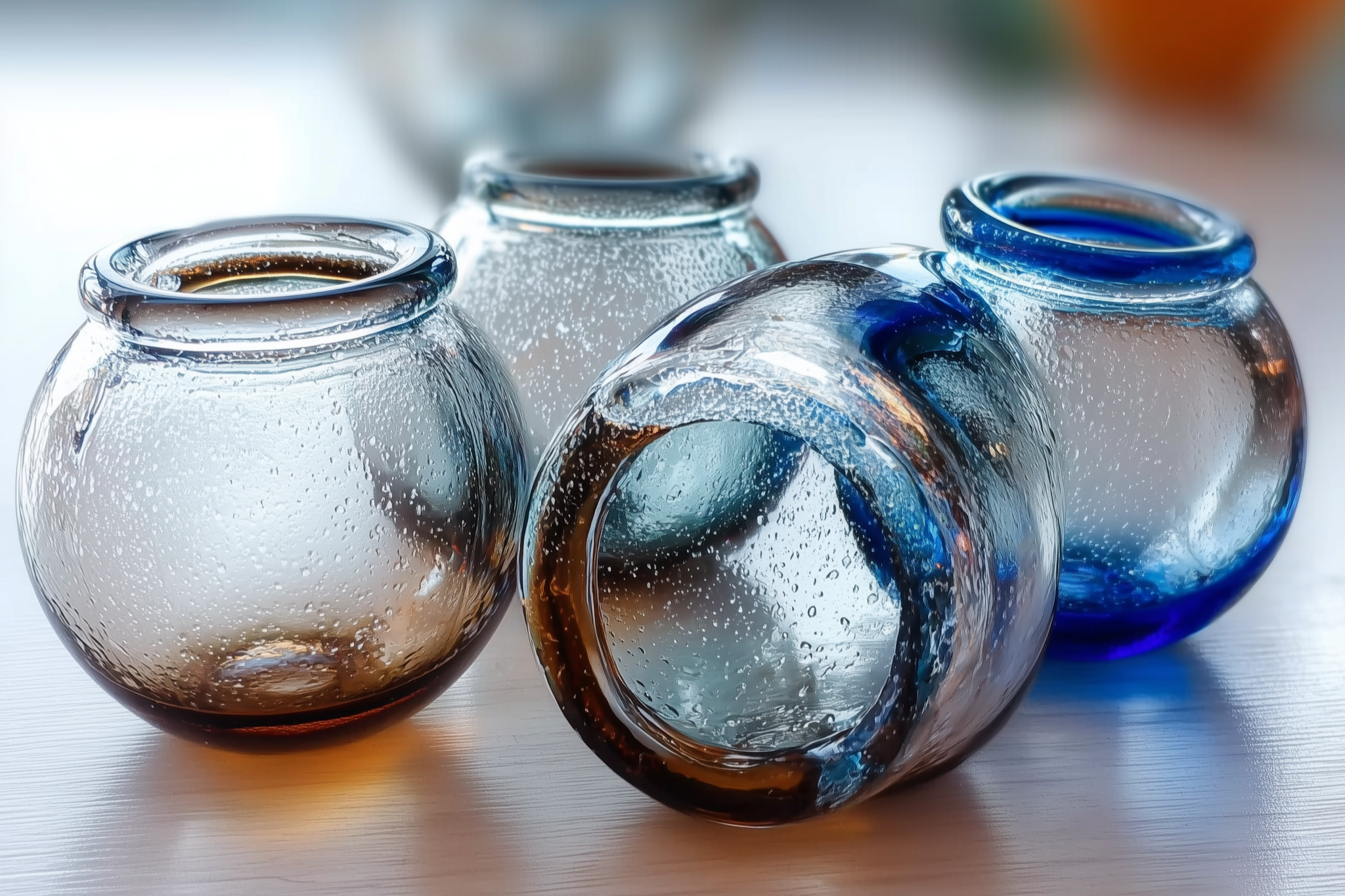 Four small glass vases, two with blue rims, one with a brownish tint, are placed on a light-colored surface. They are wet with droplets of water on their surfaces.