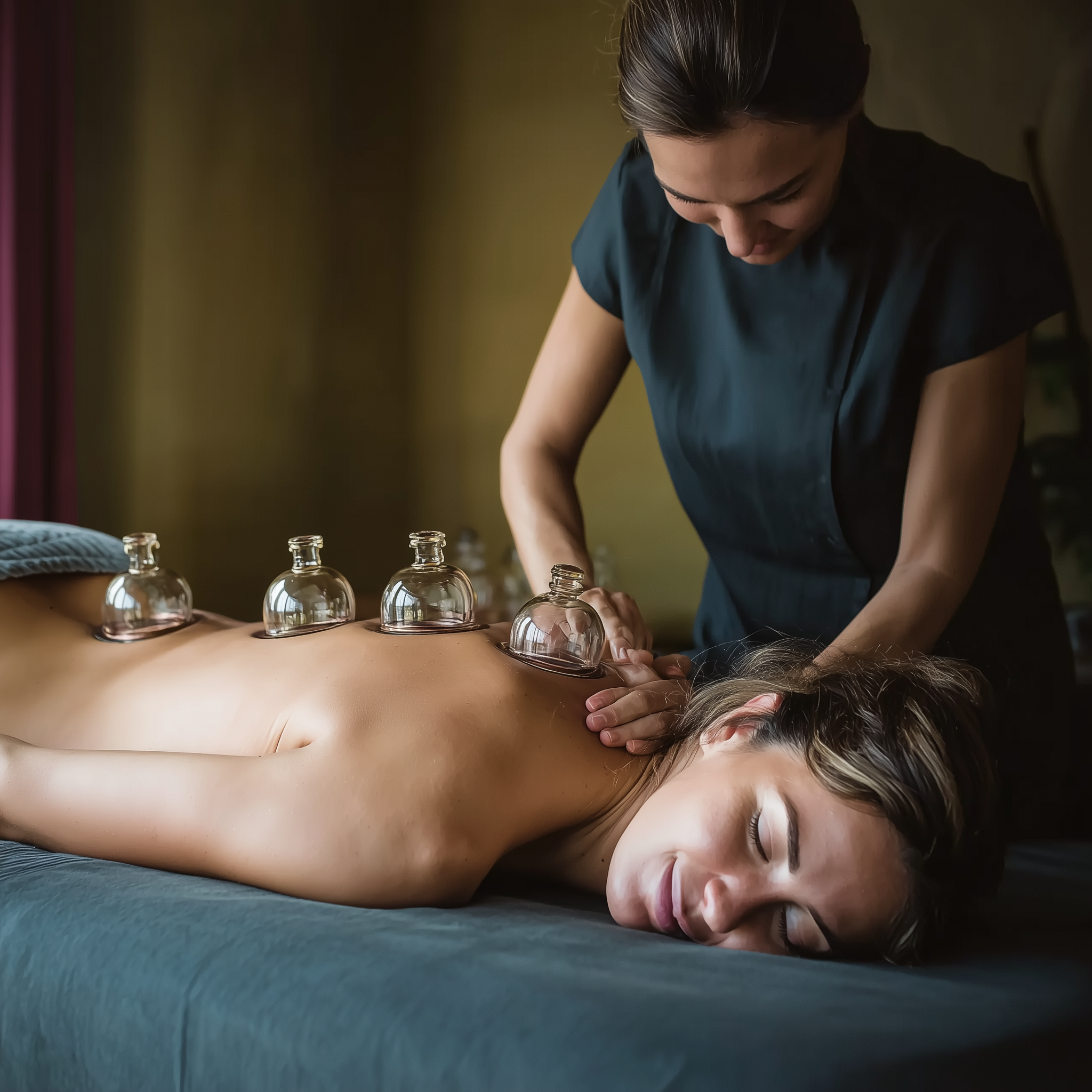 Woman receiving a cupping therapy treatment on her back while lying on a massage table, with cups placed along her spine.