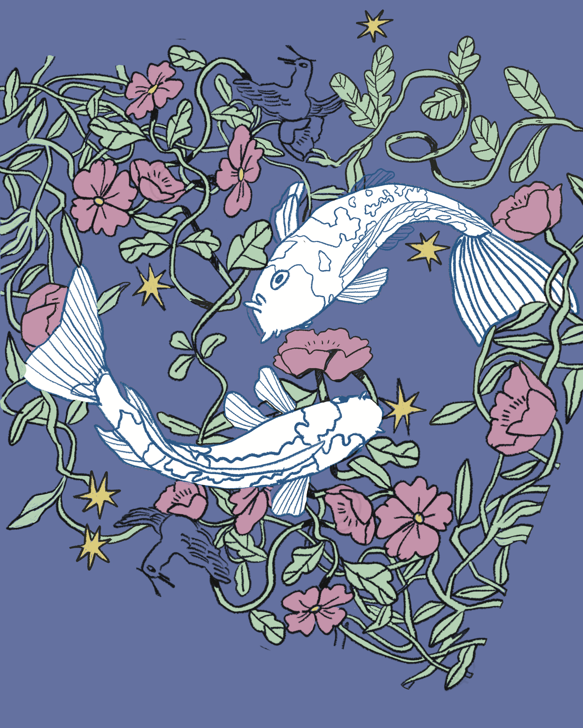Illustration of two koi fish swimming in a circle among pink flowers, green vines, and yellow stars, with a dark blue background.