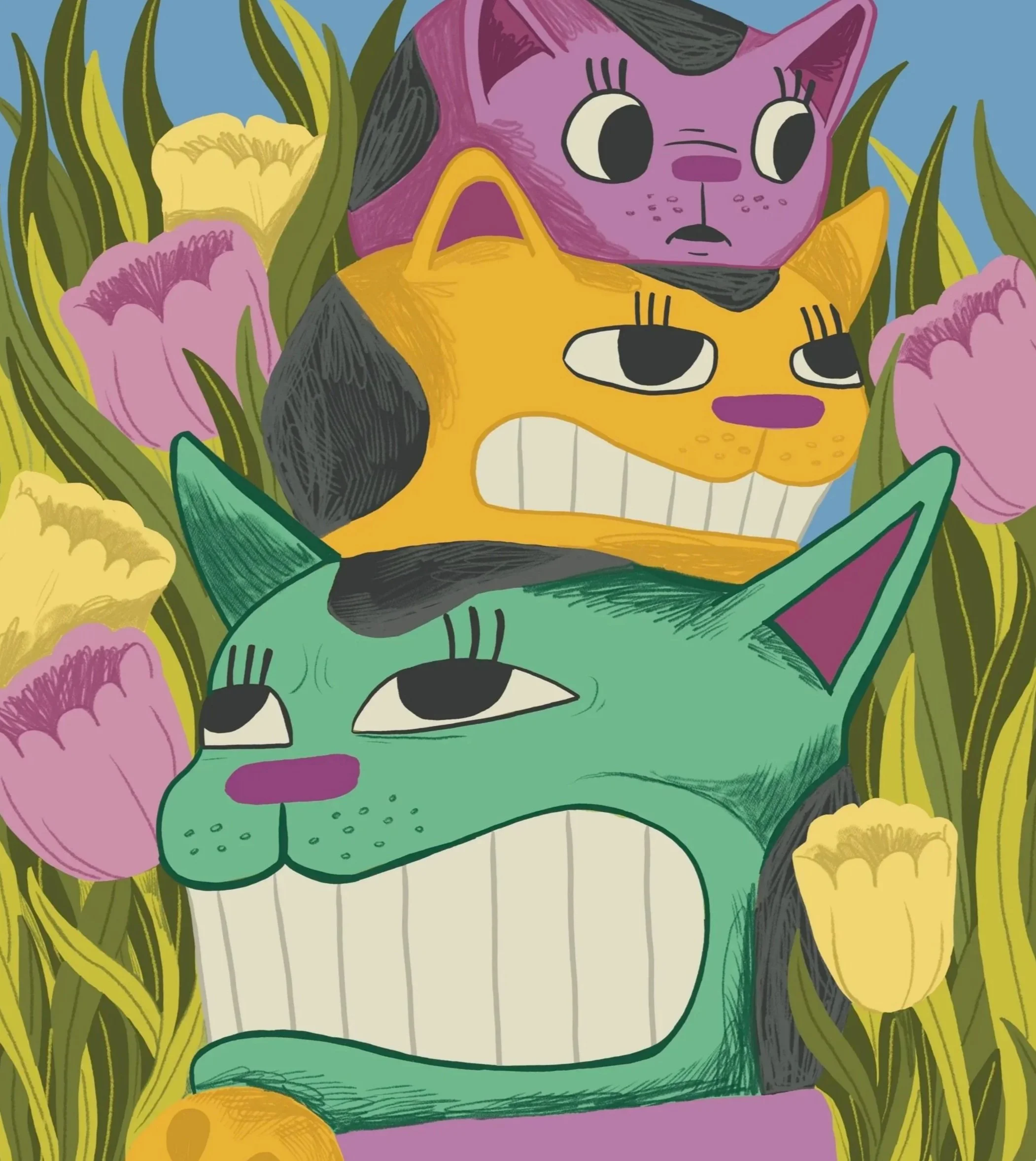Colorful illustration of three cats with human-like eyes among yellow and pink tulips, with a blue sky background.
