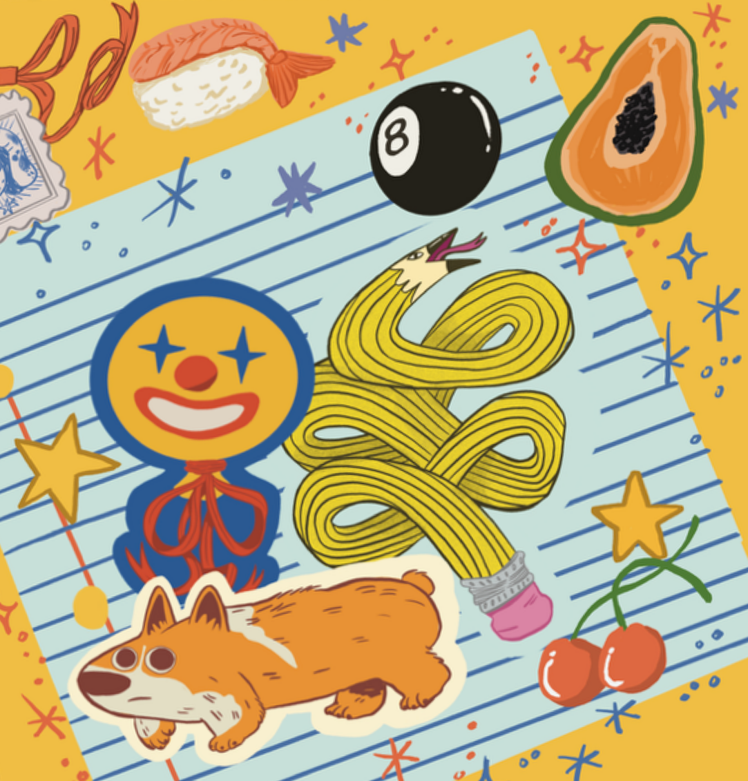 Colorful drawing featuring a yellow notebook with blue lines, decorated with animated stickers of a clown face, a dog, a star, a piece of sushi, a black 8-ball, a papaya, a cherry, and a curly yellow spaghetti-like shape with a sock on the end.