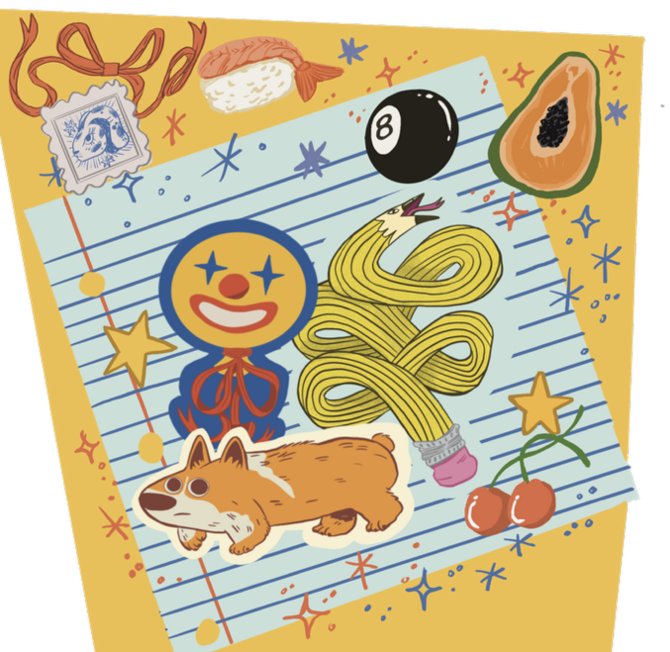 Illustration of a colorful, whimsical drawing featuring a paper with a yellow background, blue-lined notes, a cartoon clown face with star-shaped eyes and a big smile, a ball resembling a billiard 8-ball, ramen noodles with a fish on top, a fragment 