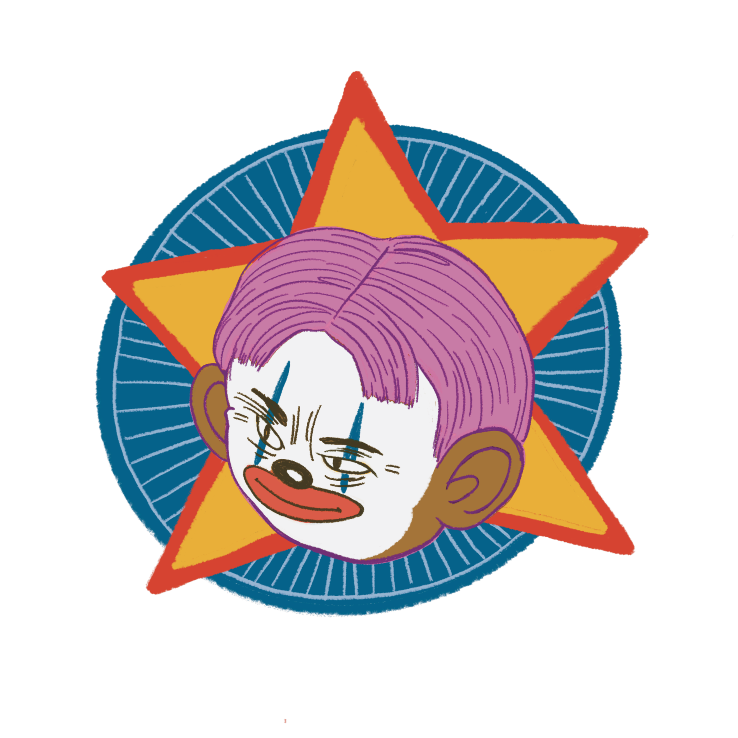 CLOWN SHERRIFF: illustrated clown with magenta hair, exaggerated facial features, in front of a yellow and red star and a blue circular background 
