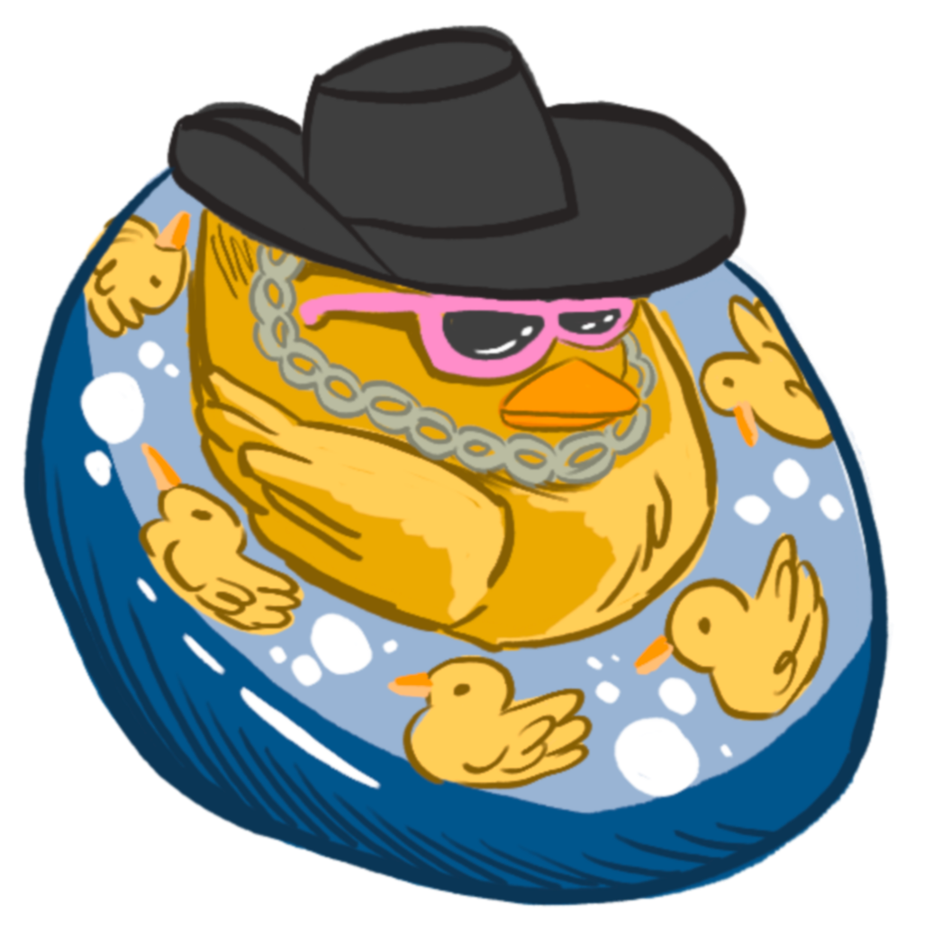A cartoon yellow rubber duck wearing a pink sunglasses, black cowboy hat, and a gold chain necklace, floating in a pool with four smaller rubber ducks.