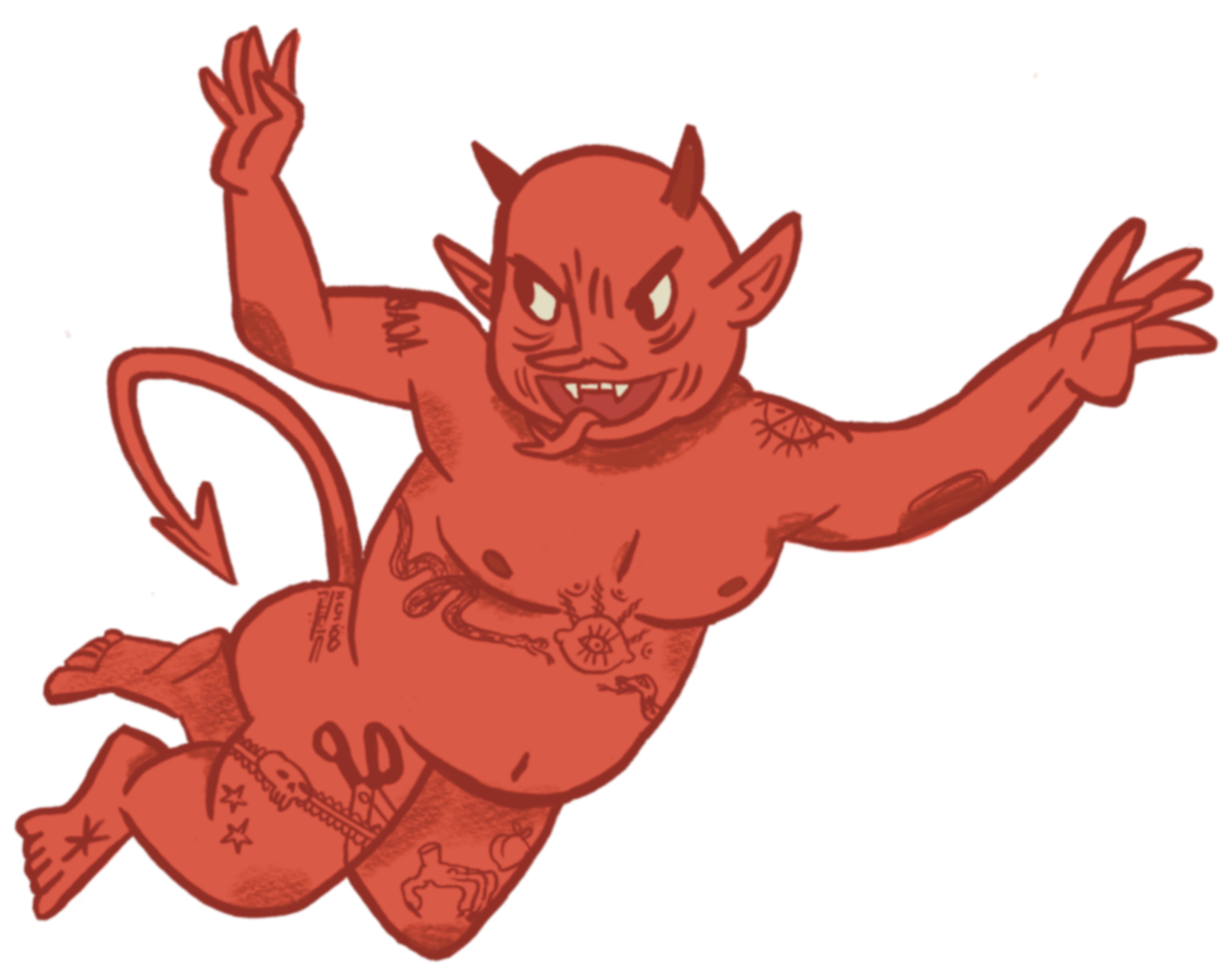 Cartoon depiction of a red devil with tattoos, horns, a pointed tail, fangs, and pointed ears, posing with one arm raised and the other extended sideways.