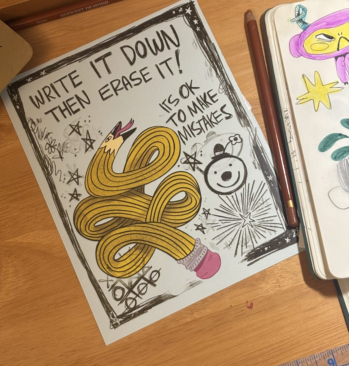 A coloring page with the quote 'Write it down then erase it! It’s OK to make mistakes' featuring a cartoon snake, character, and various stars and decorative elements.