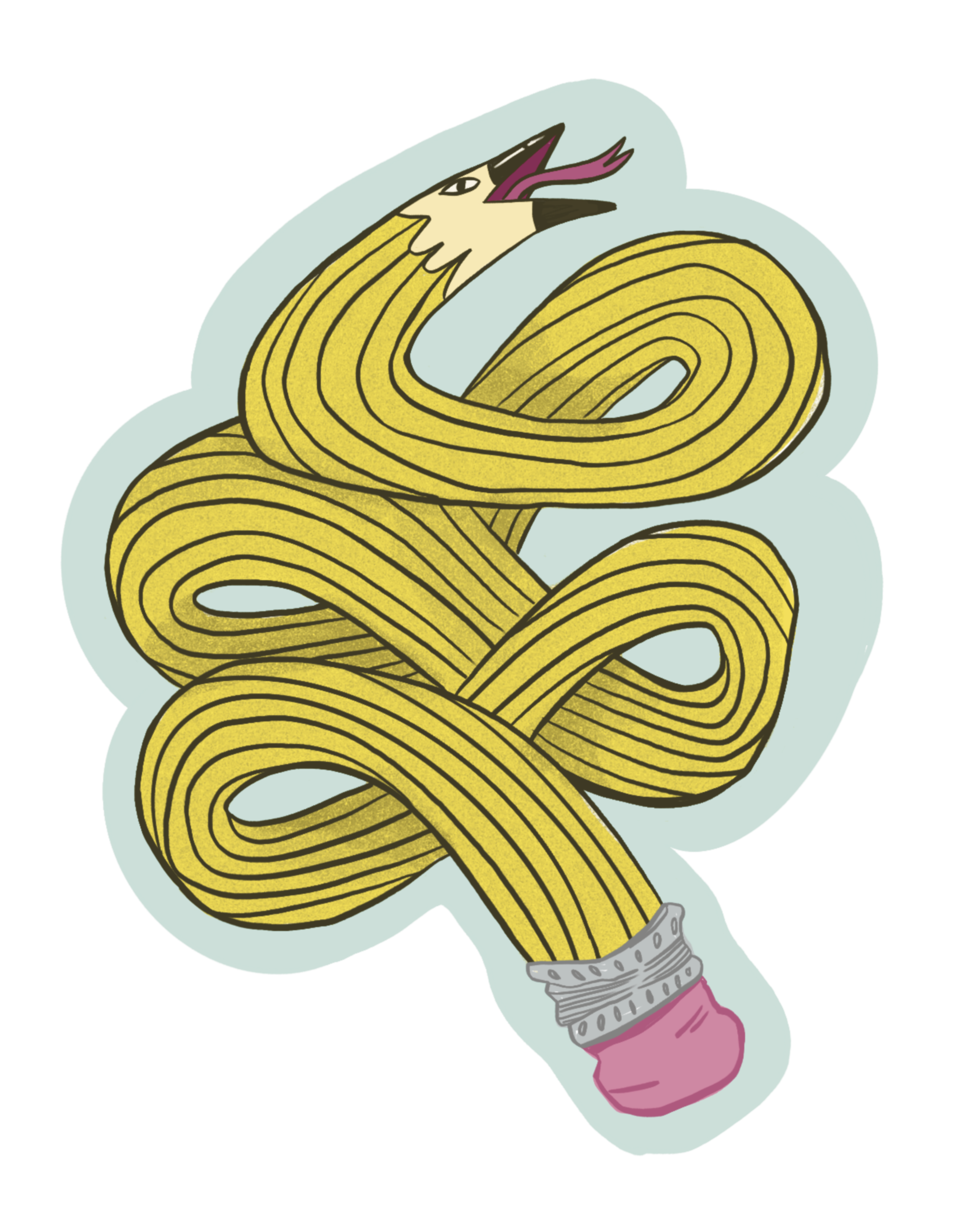 Illustration of a light bulb with noodles and a face, with the noodles forming the shape of the filament inside the bulb.