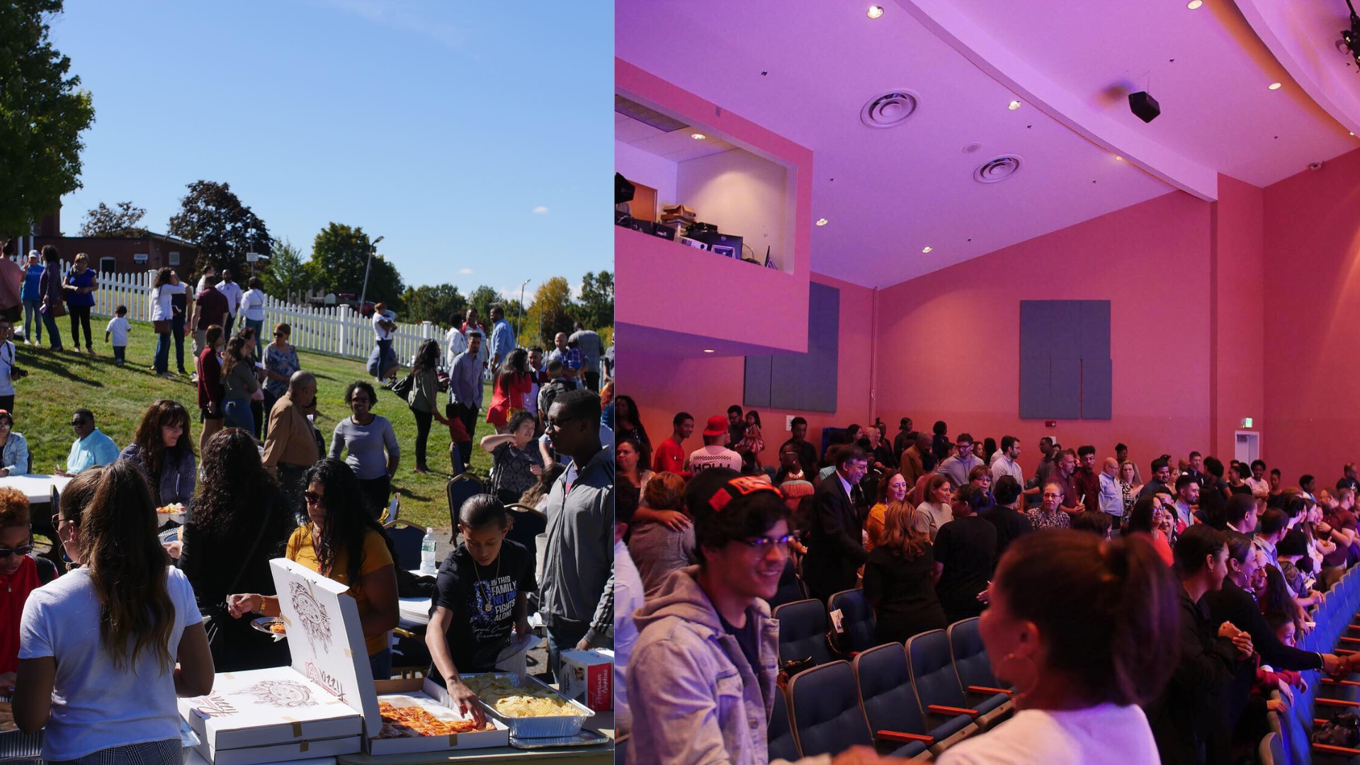 The left side of the image shows an outdoor gathering with people standing, walking, and sitting on a grassy area under a clear blue sky, with some food being served. The right side shows an indoor event with many people seated in a large, pink-lit a