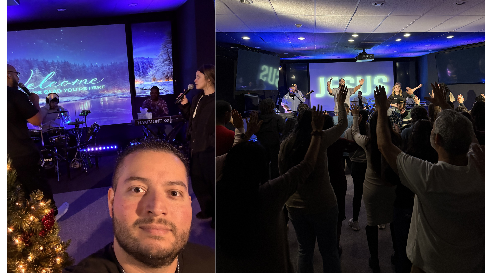 Split image showing a church service with a person taking a selfie in the foreground, a band playing on the left with a large screen displaying a winter scene and the word 'Welcome,' and a congregation worshiping and raising their hands in front of a