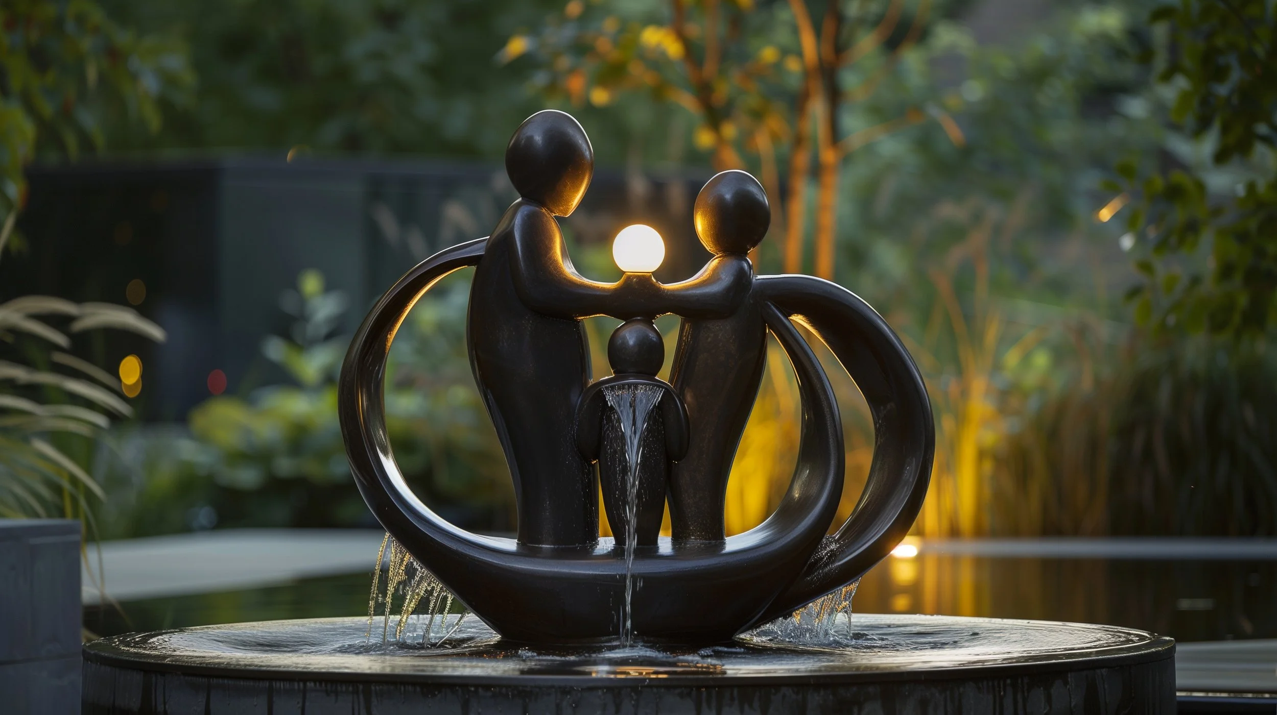 Black sculpture of a family holding hands in a circle, with a child at the center, in a fountain surrounded by greenery and lit by warm lighting at sunset.