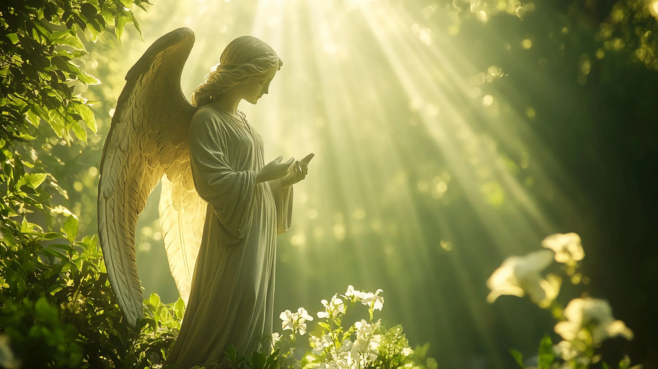 A landscaped garden with a stone sundial in the foreground, a fountain in the background, pink and white flowers, and neatly trimmed hedges.