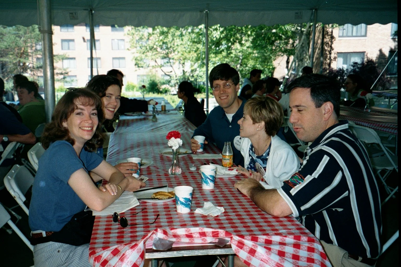 People sitting at a long table with a red and white checkered tablecloth, enjoying a meal outdoors under a tent, with trees and buildings in the background.