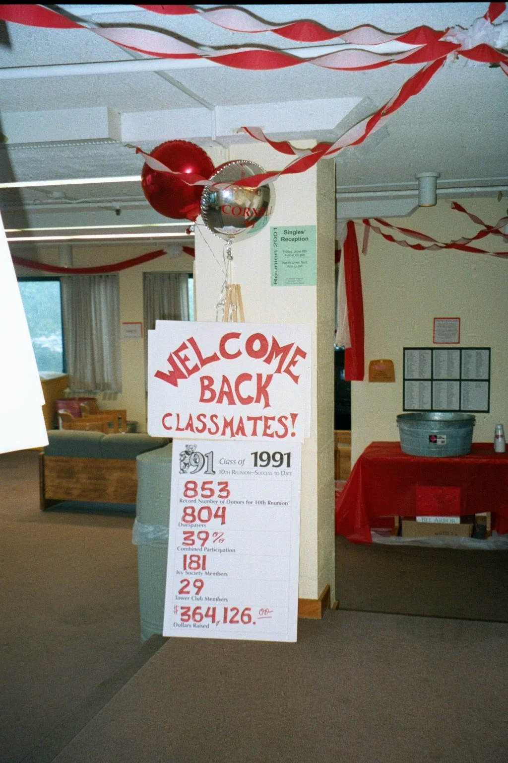 Indoor room decorated for reunion with red and white streamers, balloons, and a sign welcoming back classmates from the class of 1991, displaying reunion statistics.