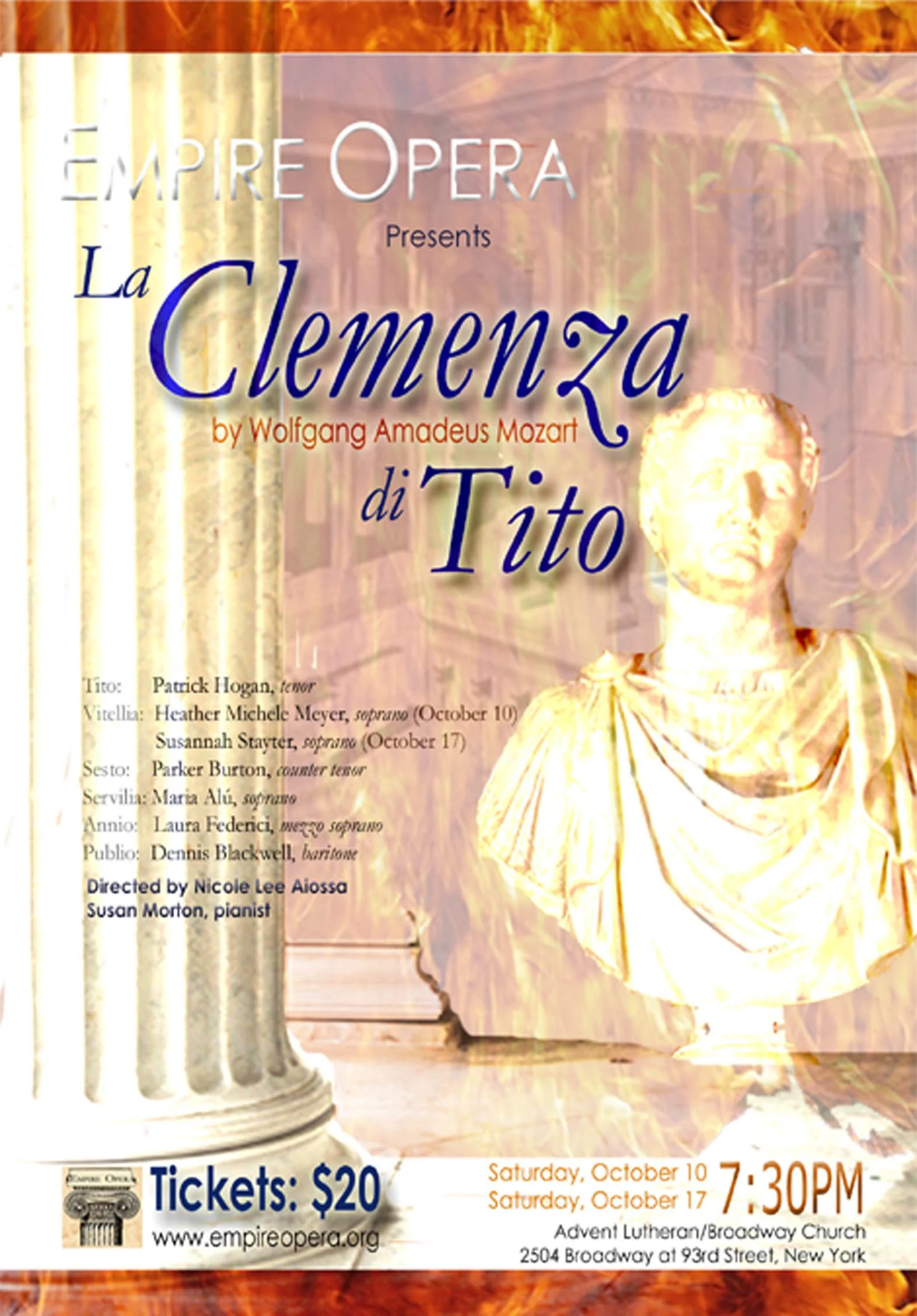 Poster for Empire Opera presenting La Clemenza di Tito by Wolfgang Amadeus Mozart, featuring a Roman bust sculpture, a classical column, and event details including dates, time, location, and ticket price.