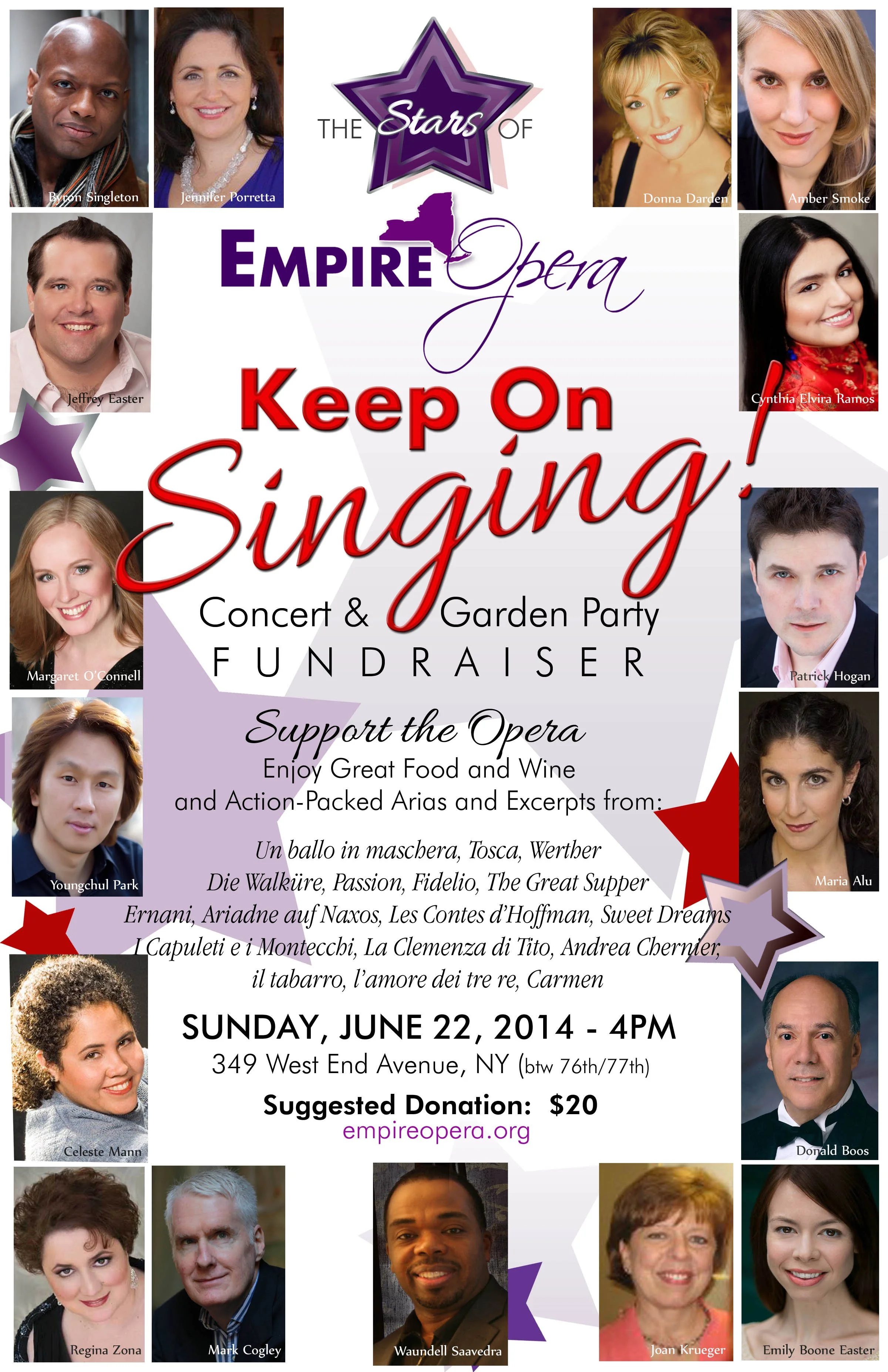 Poster for 'Stars of the Empire Opera' concert and garden party fundraiser, featuring headshots of various individuals, event details, and supporting acts and recipes listed.