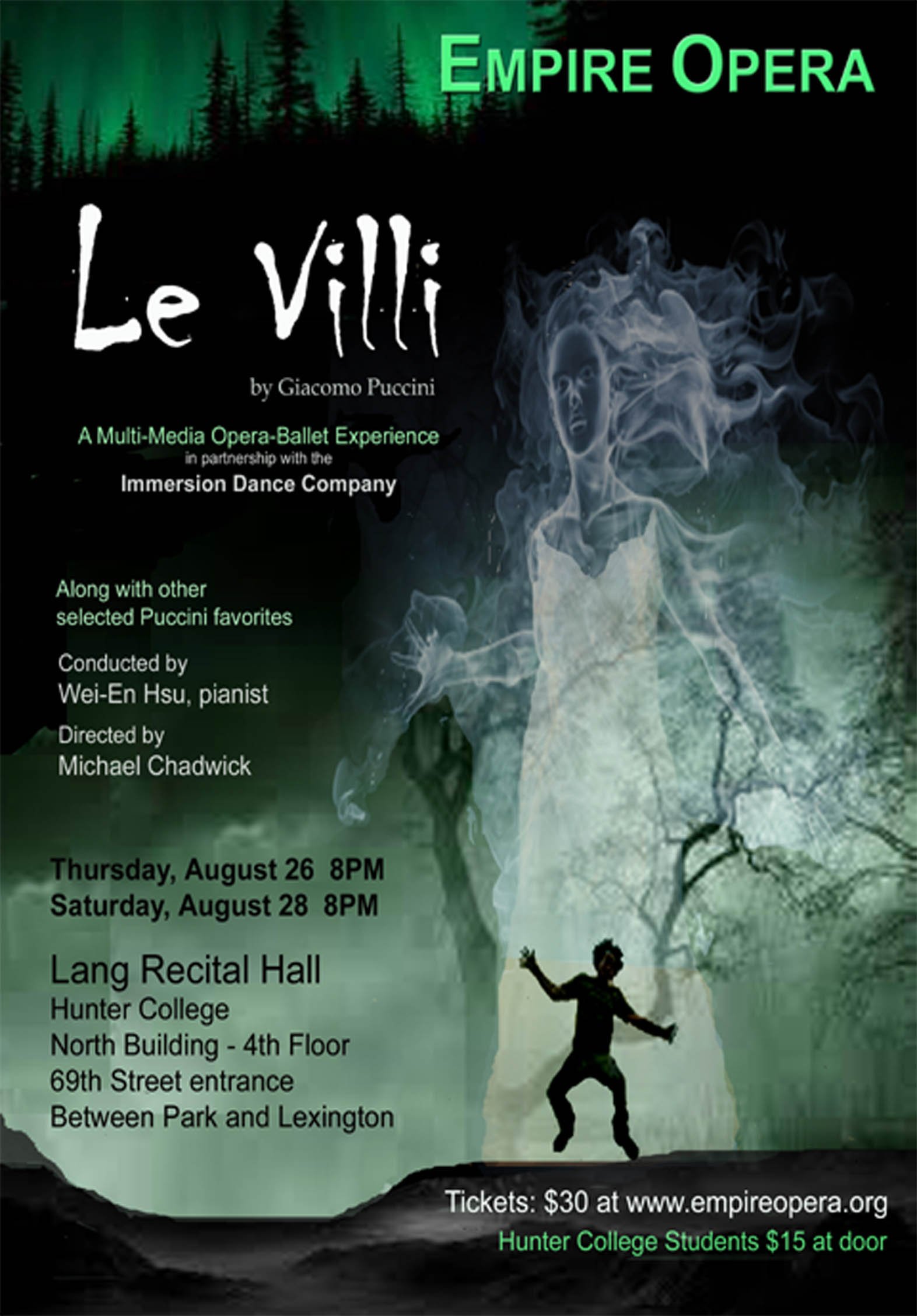 Poster for Puccini's opera 'Le Villi' featuring a ghostly female figure and a child jumping with arms outstretched, with green and black forest-themed background, details of performance dates, location, and ticket prices.