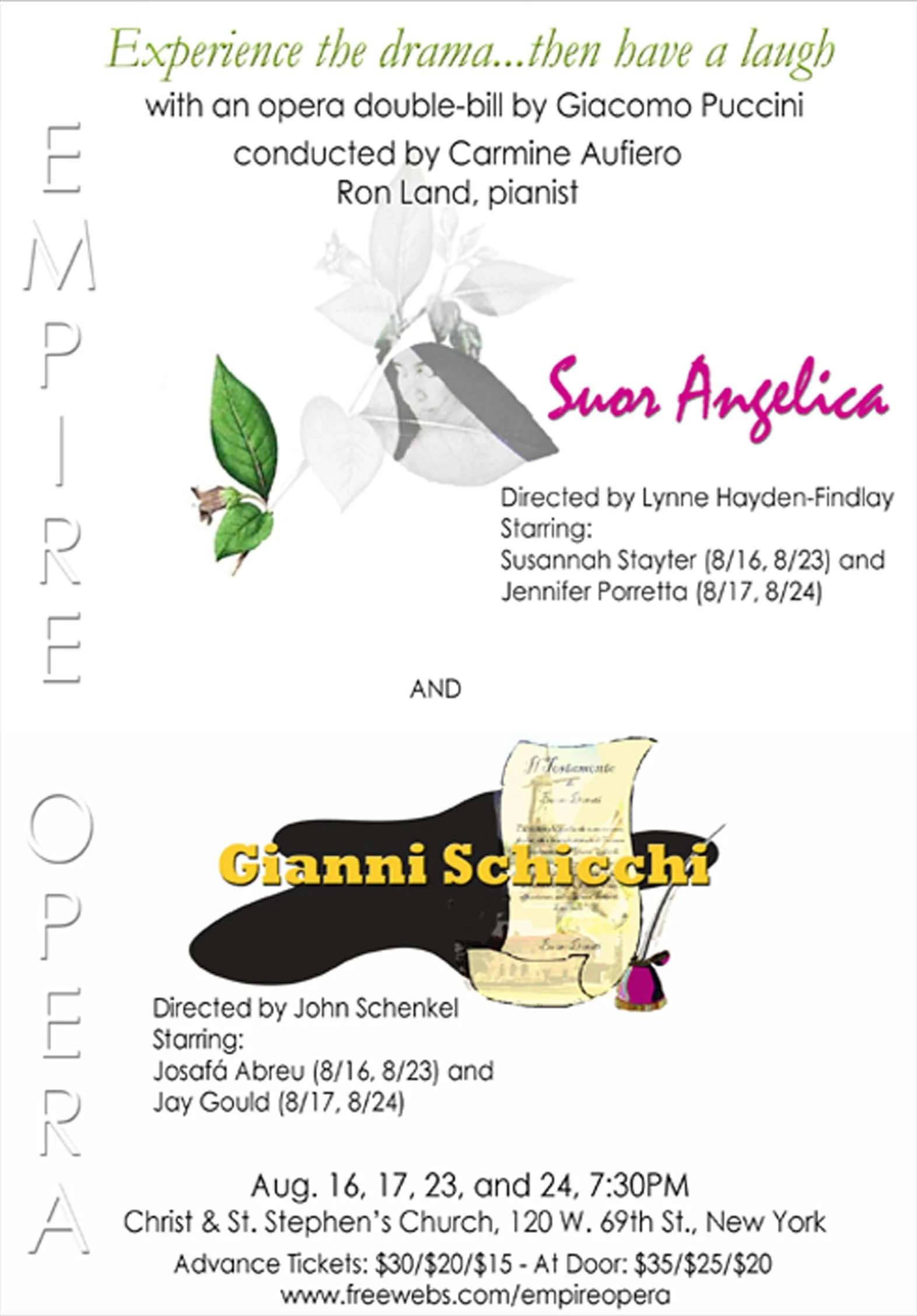 Event poster for a theatrical performance titled 'Empireo' featuring an opera double bill of 'Suan Angelica' and 'Gianni Schicchi'. The poster includes artistic illustrations of a leaf with a flower and a musical score. The performance is directed by