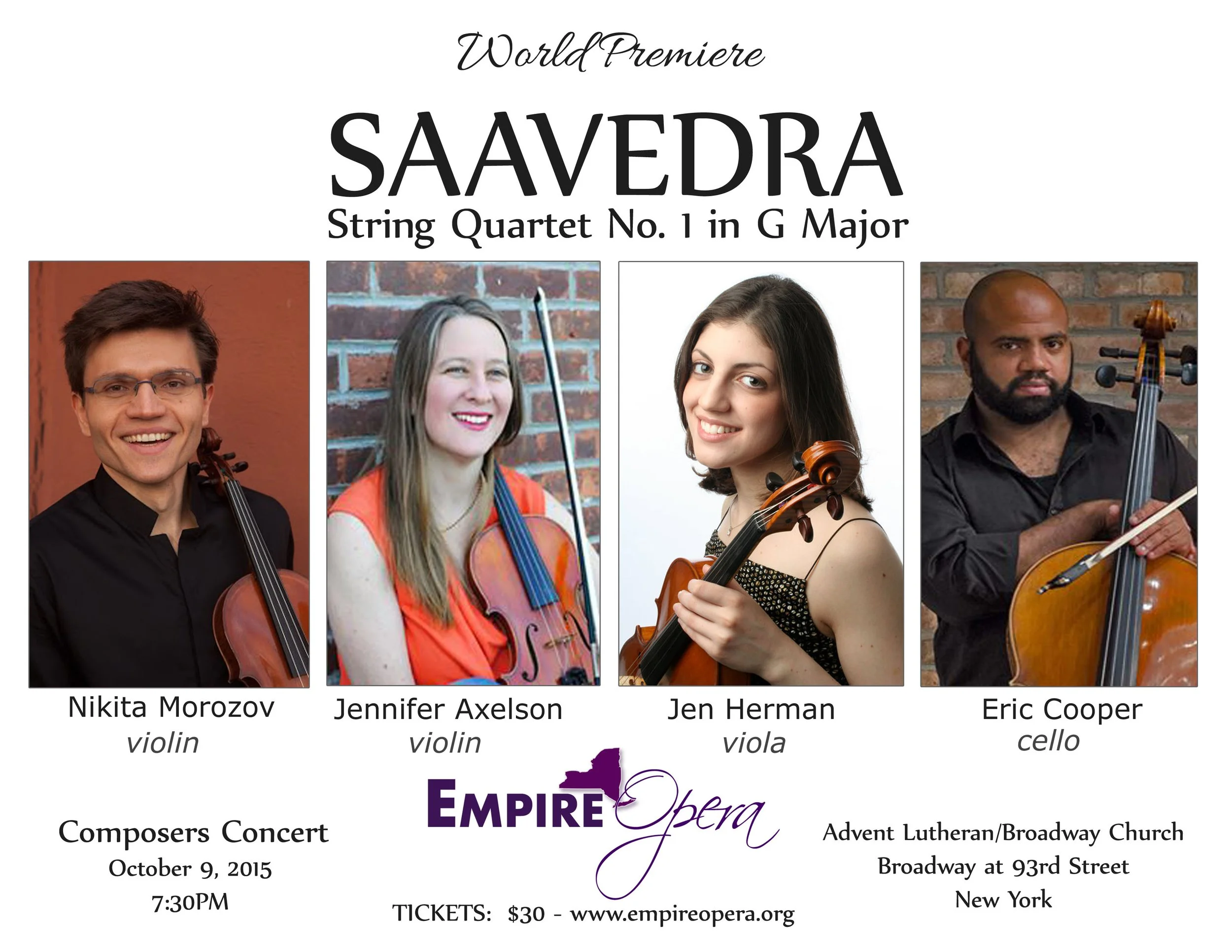 Concert flyer for the world premiere of Saavedra, String Quartet No. 1 in G Major, featuring four musicians with their names and instruments: Nikita Morozov on violin, Jennifer Axelson on violin, Jen Herman on viola, and Eric Cooper on cello. The con