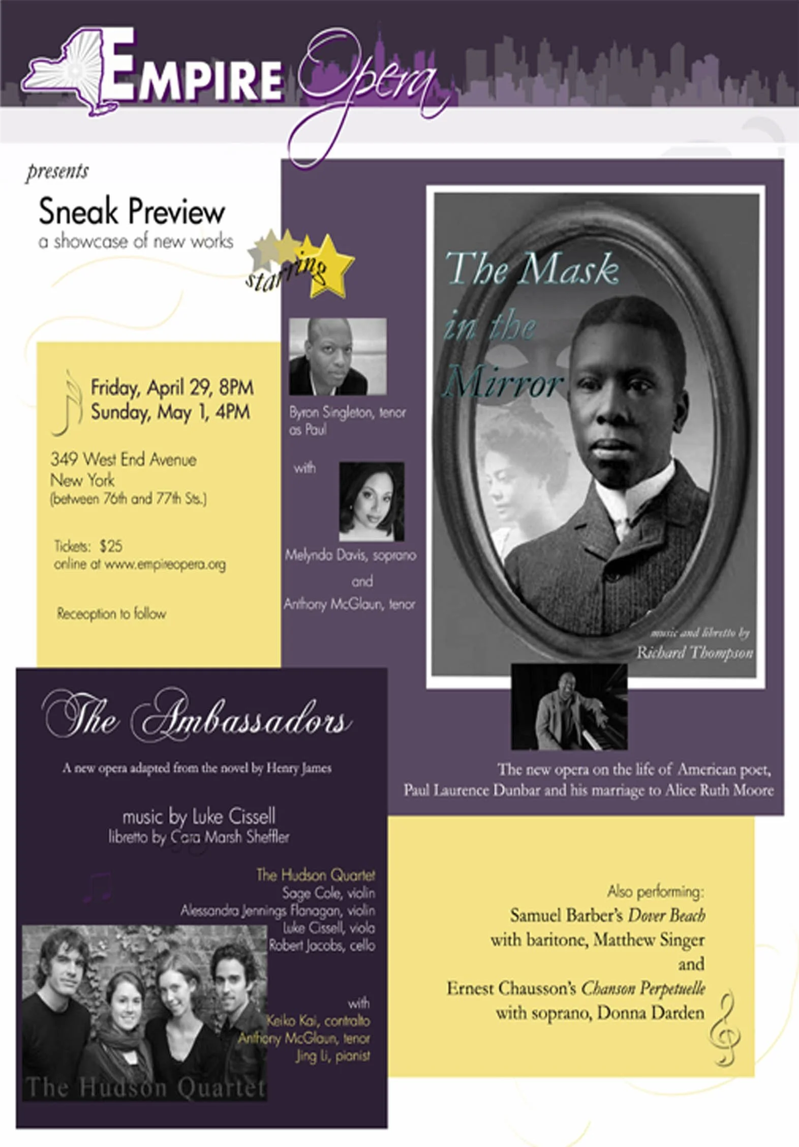 Poster for Empire Opera's showcase titled "Sneak Preview" featuring an opera called "The Mask in the Mirror." The event includes performances by Byron Singleton, Melynda Davis, and Anthony McGlaun, scheduled for April 29 and May 1 at 349 West End Ave
