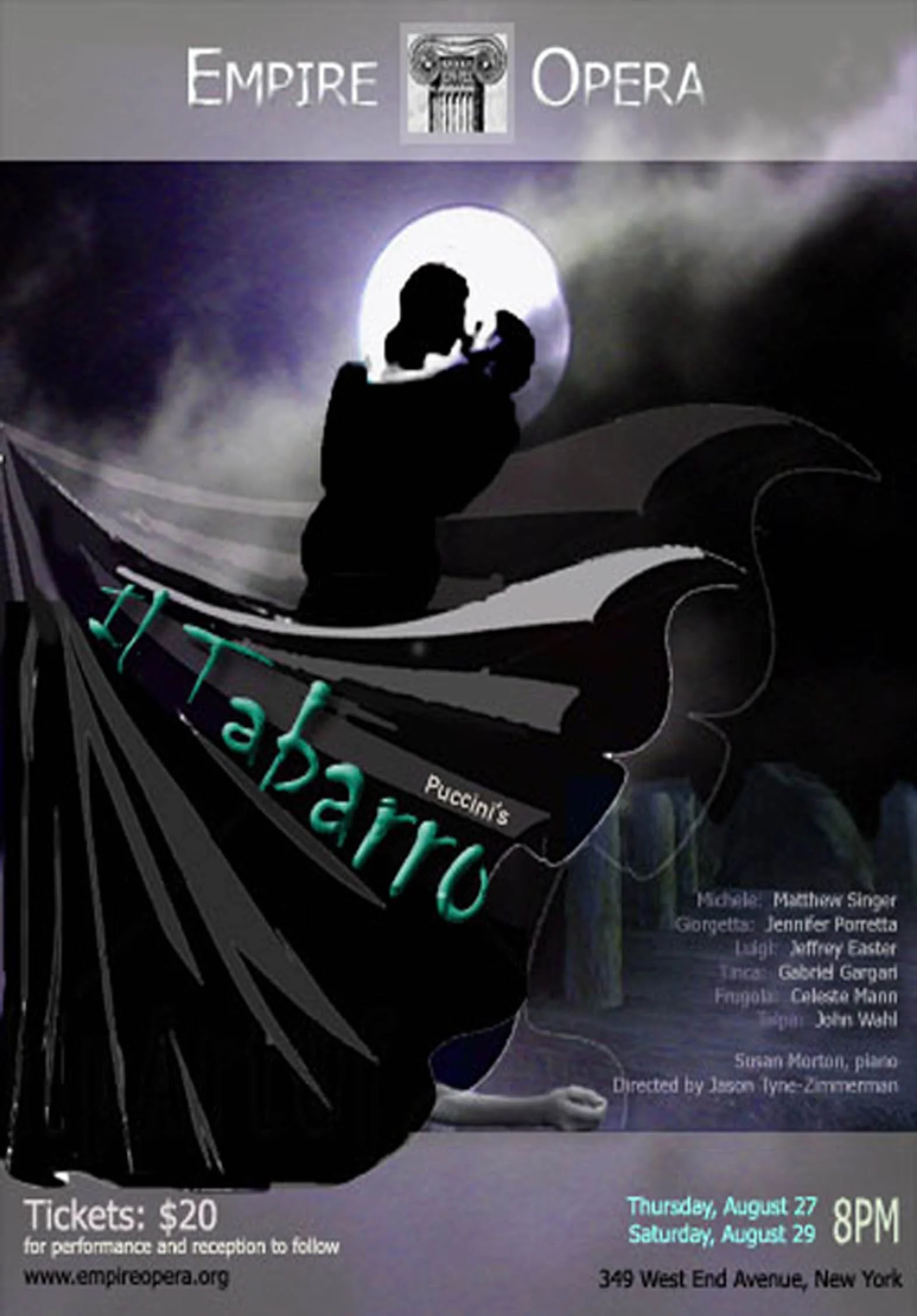 Poster for Puccini's opera 'Il tabarro' presented by Empire Opera, featuring a silhouette of a man holding a woman against a moonlit sky with dark clouds, and a black umbrella. Details include ticket price, dates August 27 and 29, time 8 PM, location