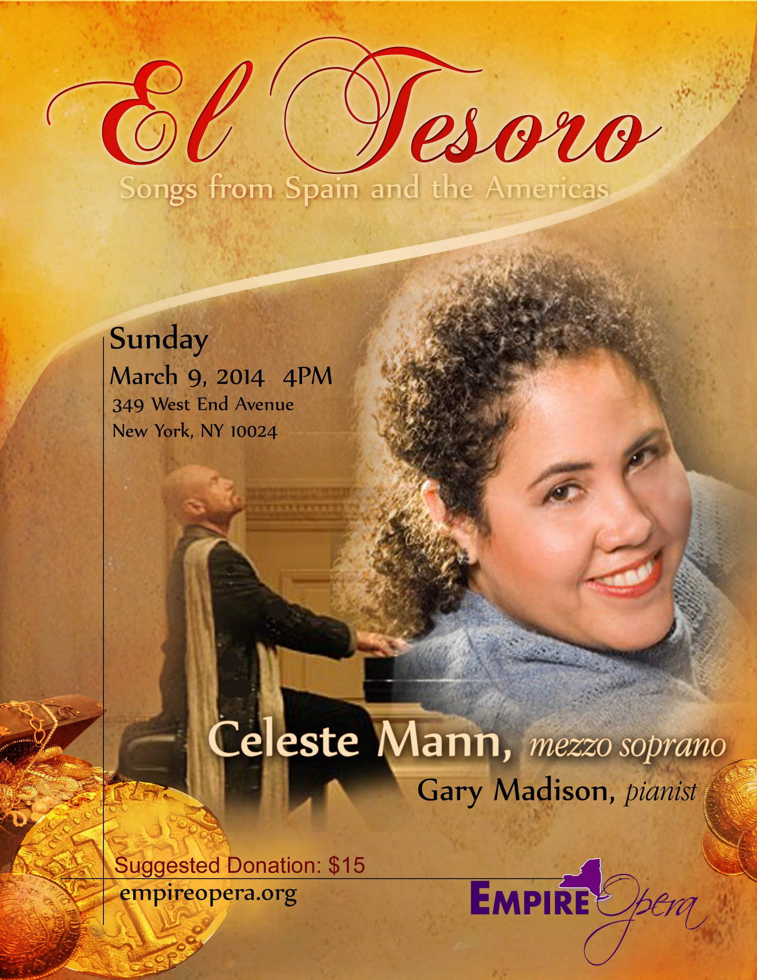 Event poster for a concert titled "El Tesoro: Songs from Spain and the Americas" featuring mezzo-soprano Celeste Mann and pianist Gary Madison. The concert is scheduled for Sunday, March 9, 2014, at 4 PM at 349 West End Avenue, New York, NY 10024. Th