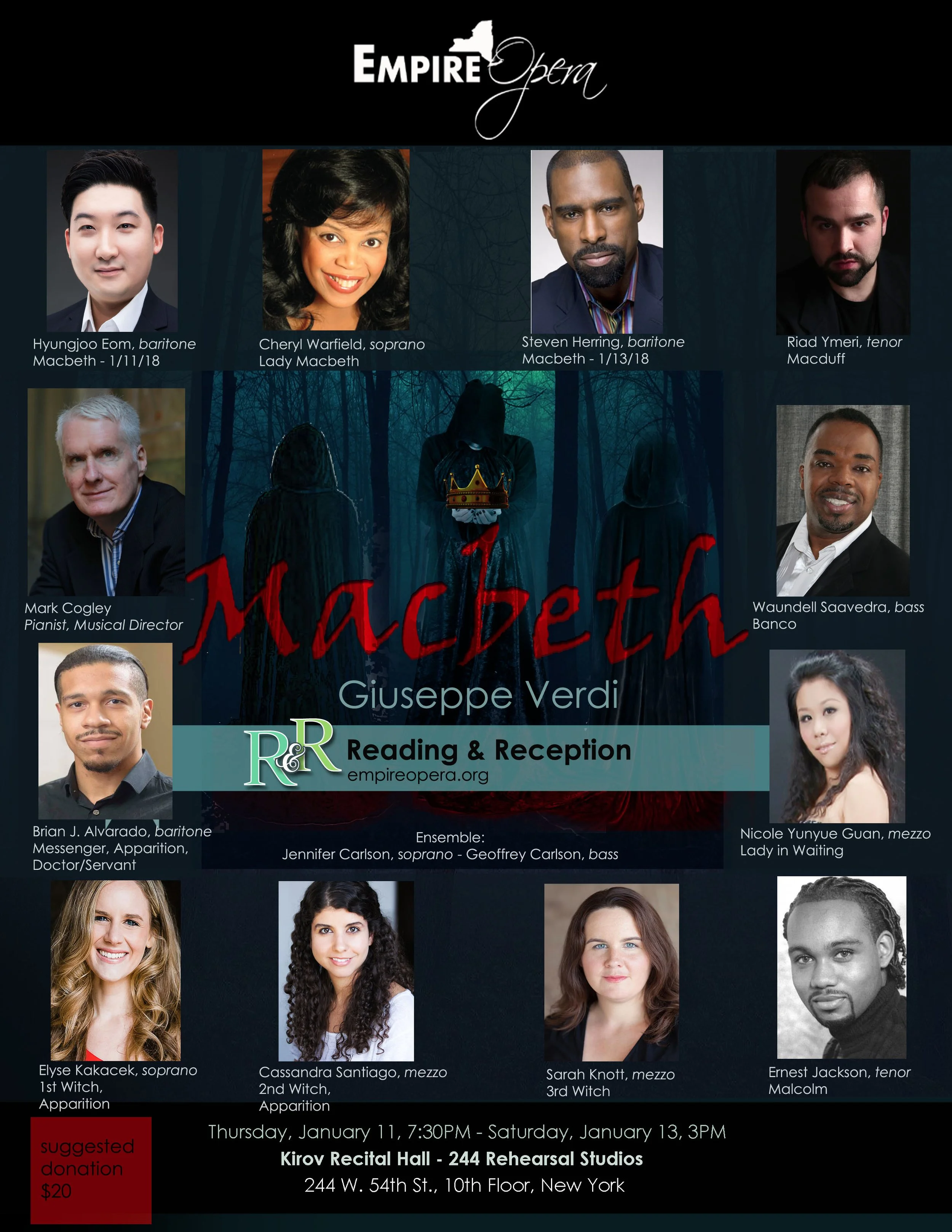 The poster for a production of Macbeth by Giuseppe Verdi at the Empire Opera features headshots of cast members, including Hyungjoo Eom, Cheryl Warfield, Steven Herring, Riad Ymeri, Mark Cogley, Waundell Saavedra, Brian J. Alvarado, Nicole Yunyue Gua