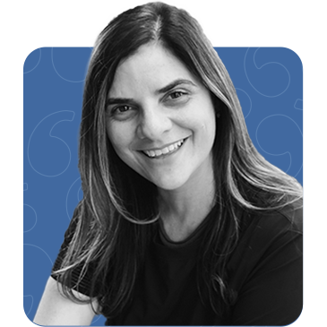 Black and white picture of Dawn Fidrick on a WOSC blue background