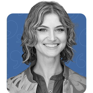 Black and white picture of Kalina Borkiewicz on a WOSC blue background