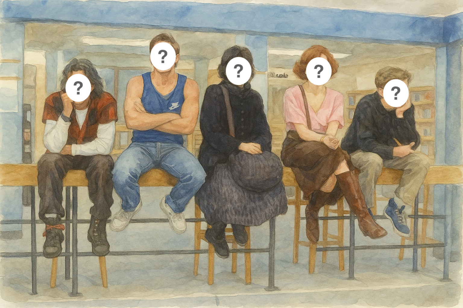 Five young people sitting on stools at a counter in a library or bookstore, with bookshelves in the background