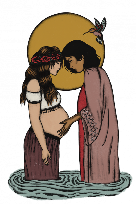 Une scène religieuse représentant une femme enceinte et une autre femme touchant son ventre, sous un grand soleil, avec un colibri volant à proximité.