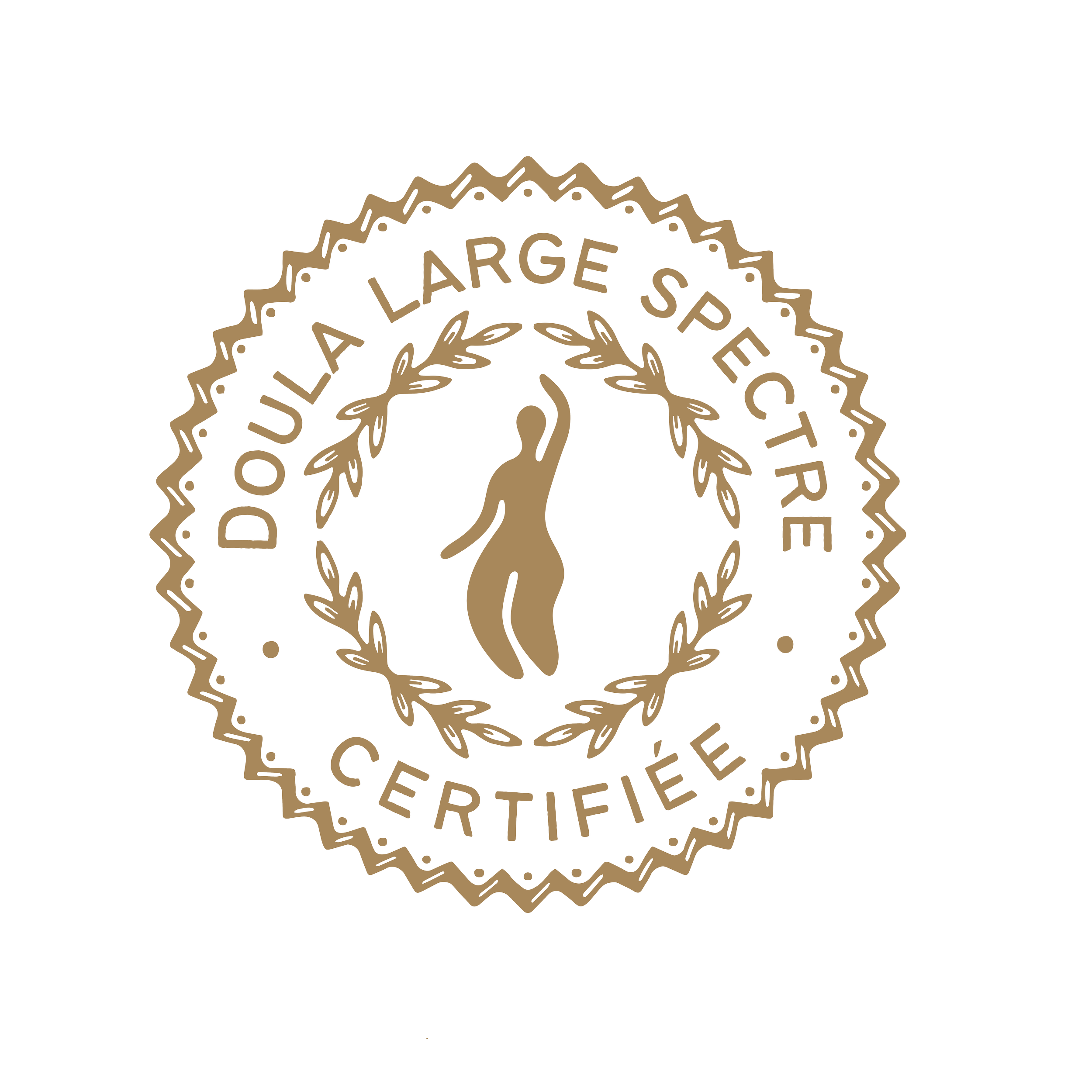 Un badge ou un logo avec un dessin d'une silhouette féminine et la légende 'Doula Large Spectre Certifiée' entouré d'une couronne de laurier et d'une bande décorative