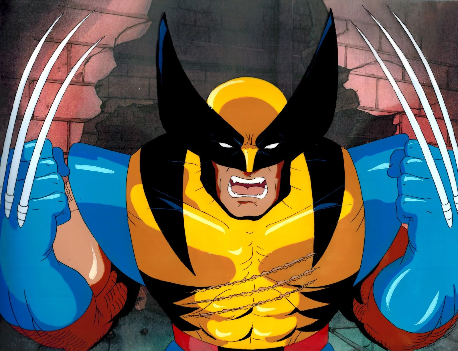 Wolverine, a comic book character with a yellow and blue costume and clawed gloves, is roaring in anger with a fierce expression, set against a dark brick wall background.