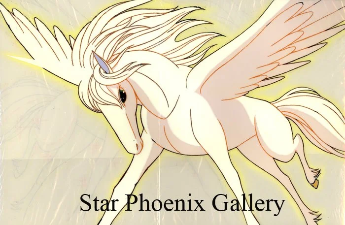 Illustration of a white winged unicorn with a long flowing mane and tail, labeled "Star Phoenix Gallery".