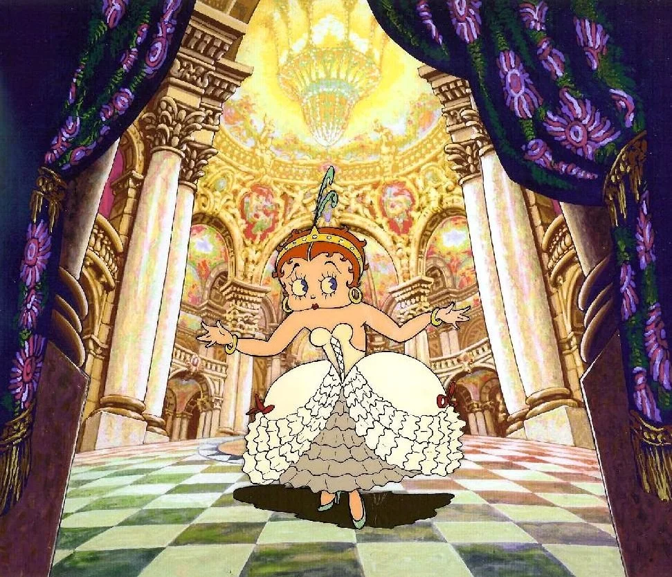 Betty Boop dressed in a white gown with a feathered skirt, standing on a checkered floor in a grand, ornate theater with purple curtains and golden architectural details, stage lighting, and a chandelier overhead.