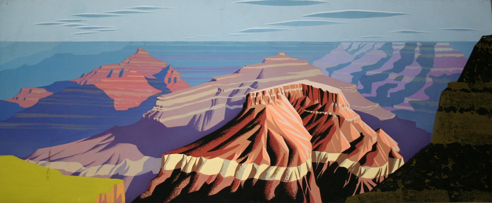A colorful illustration of the Grand Canyon with layered rock formations in shades of red, purple, and beige, and a cloudy sky above.