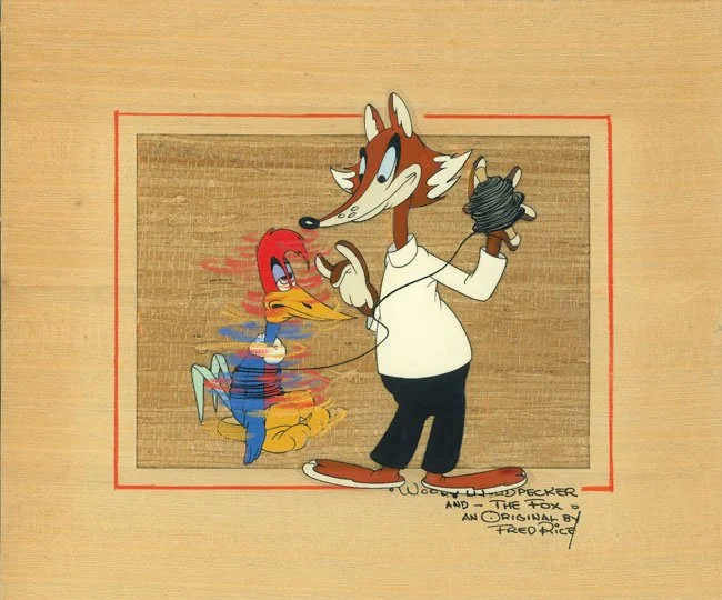 Cartoon illustration of a fox holding a spool of thread, with a colorful, animated bird beside it, on a textured background. The illustration is signed by Fred Picky.