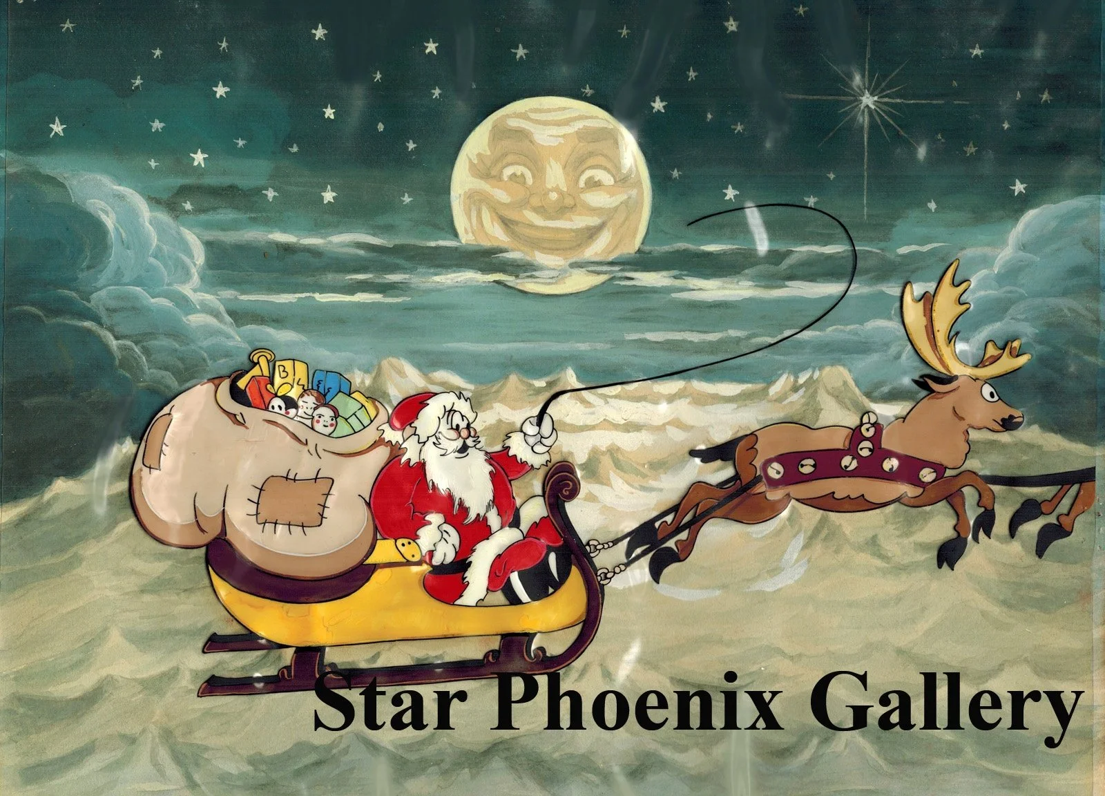 Original 1932 Disney Cel Santa's Workshop - Santa Clause on Sleigh with Reindeers