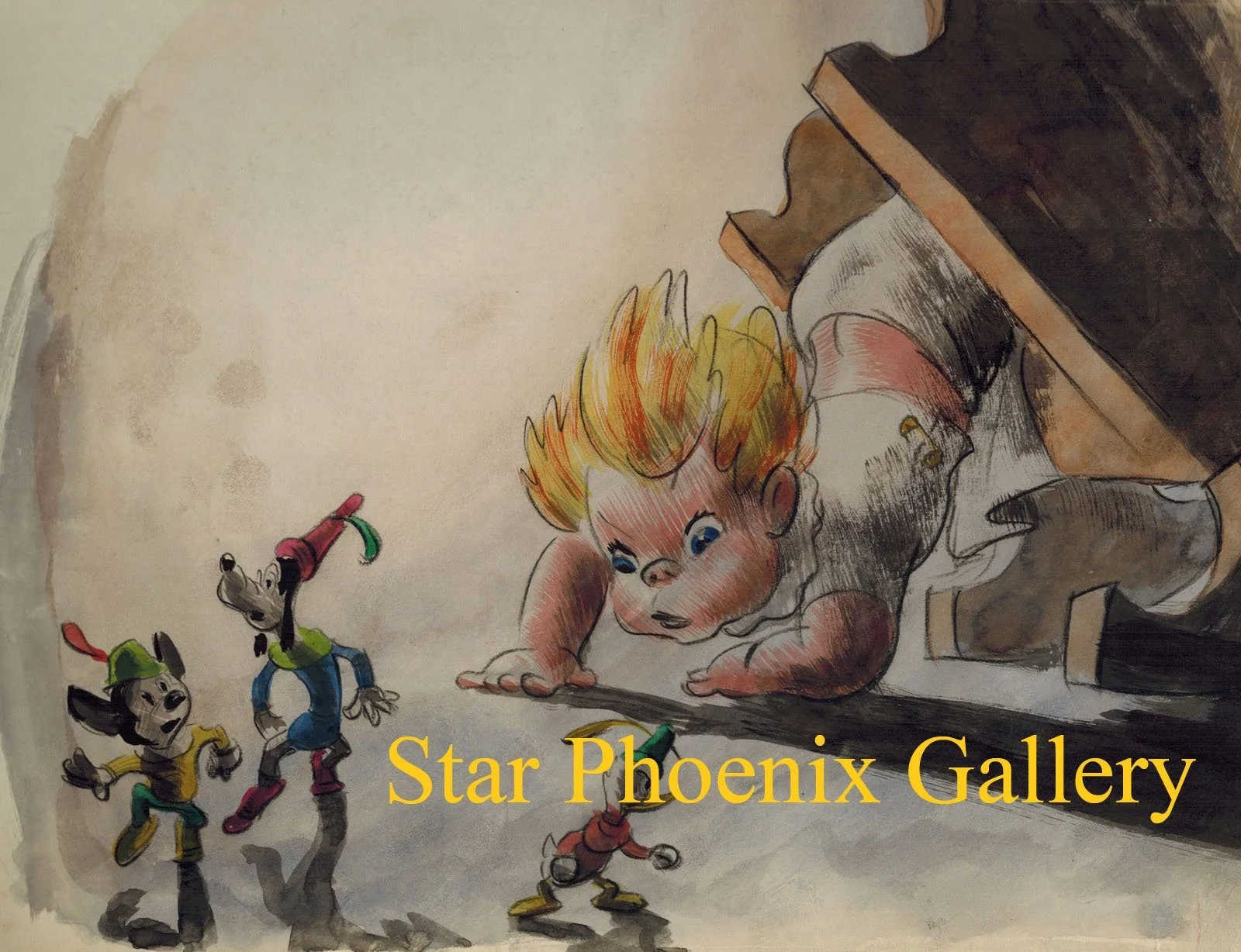 Original 1947 Disney Concept Painting Mickey Mouse, Donald Duck, and Goofy vs. the Giant