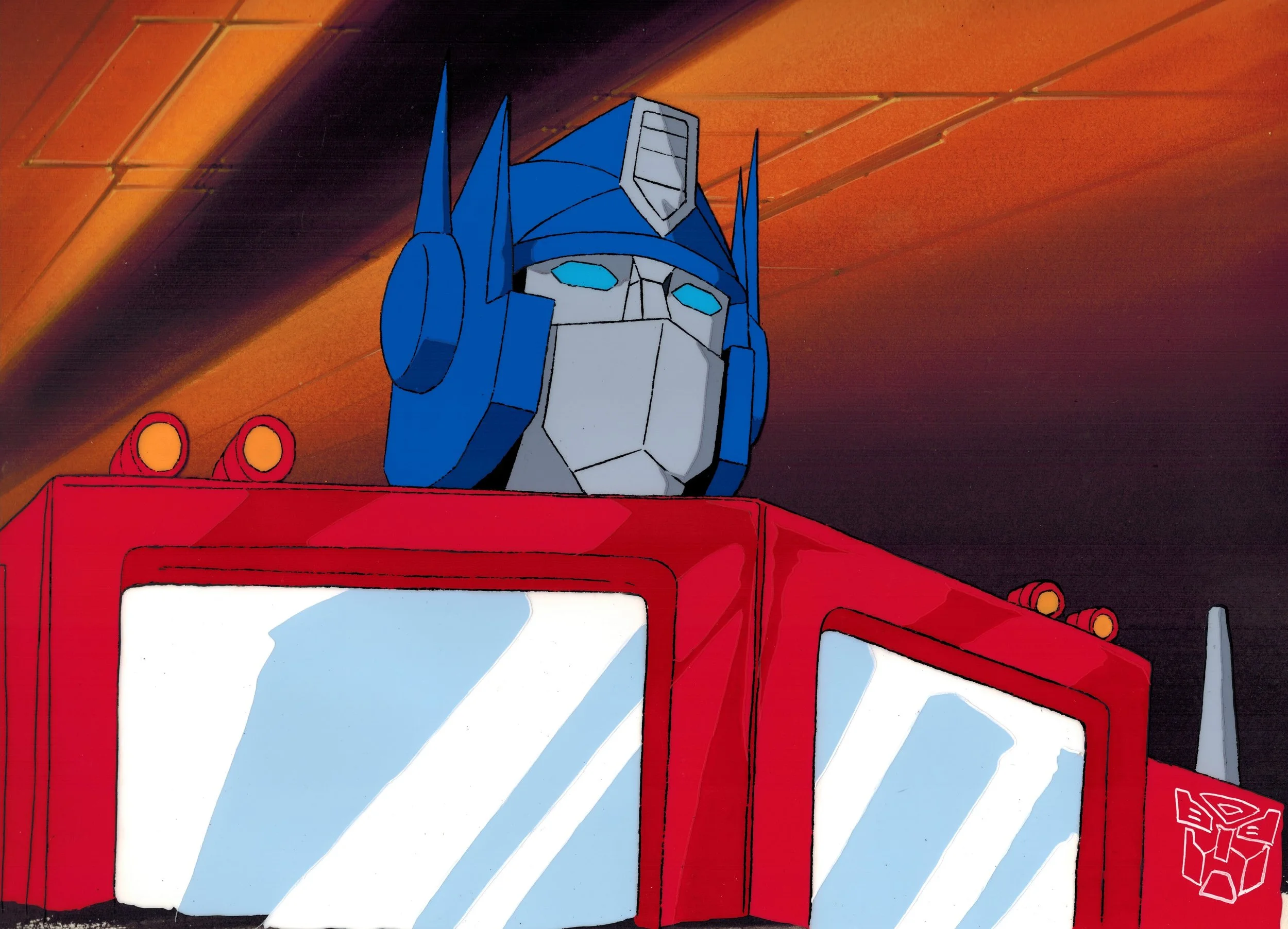 Animated depiction of the character Optimus Prime from Transformers with his head above a red and white vehicle resembling a truck, set against a fiery, spacecraft-like background.