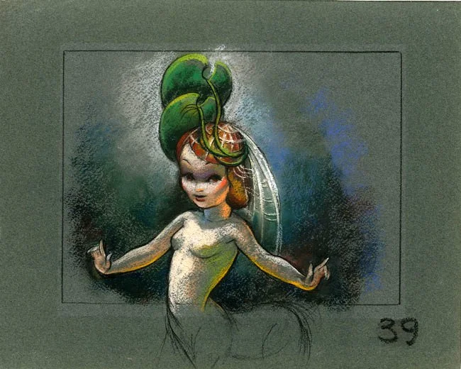 Artist's sketch of a woman with green, plant-like hair, ones with leaves, wearing a white dress, with her arms raised.