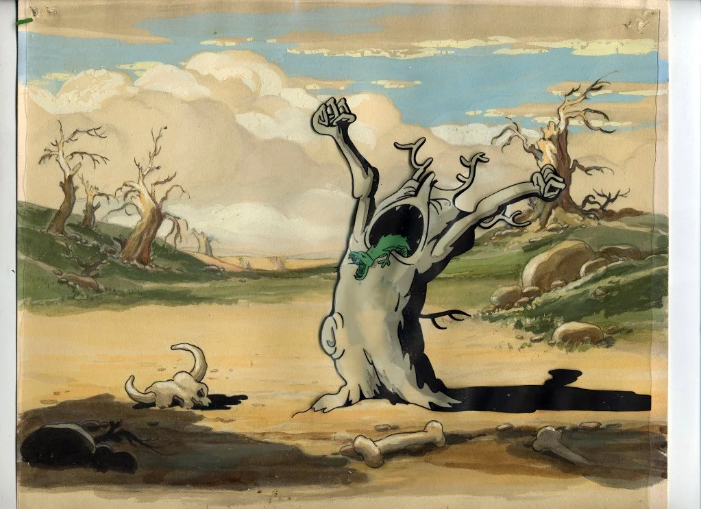 Illustration of a cartoon dying tree with a green snake in its mouth in a barren landscape with leafless trees, bones, and a cloudy sky.