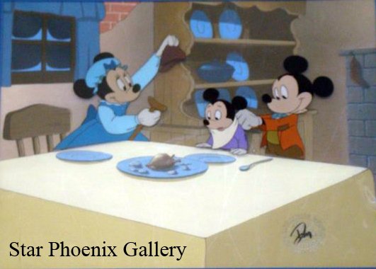 Original 1983 Disney Cel Mickey's Christmas Carol - Bob Cratchit (Mickey Mouse), Mrs. Cratchit (Minnie Mouse), and Tiny Tim