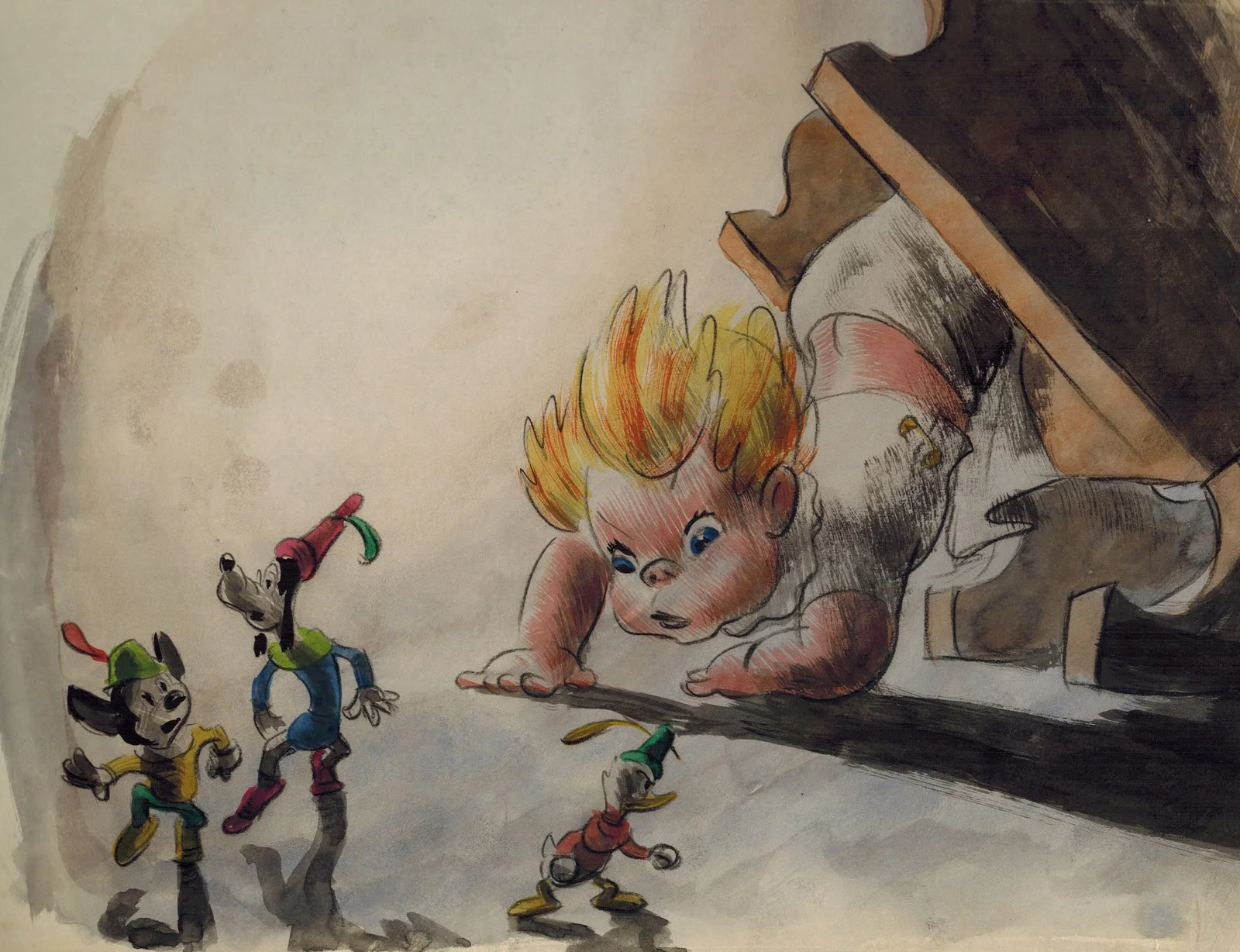 A colorful illustration of a young child with fiery orange and yellow hair crawling under a wooden table, looking at three animated mice wearing colorful clothing and hats, dancing and playing.