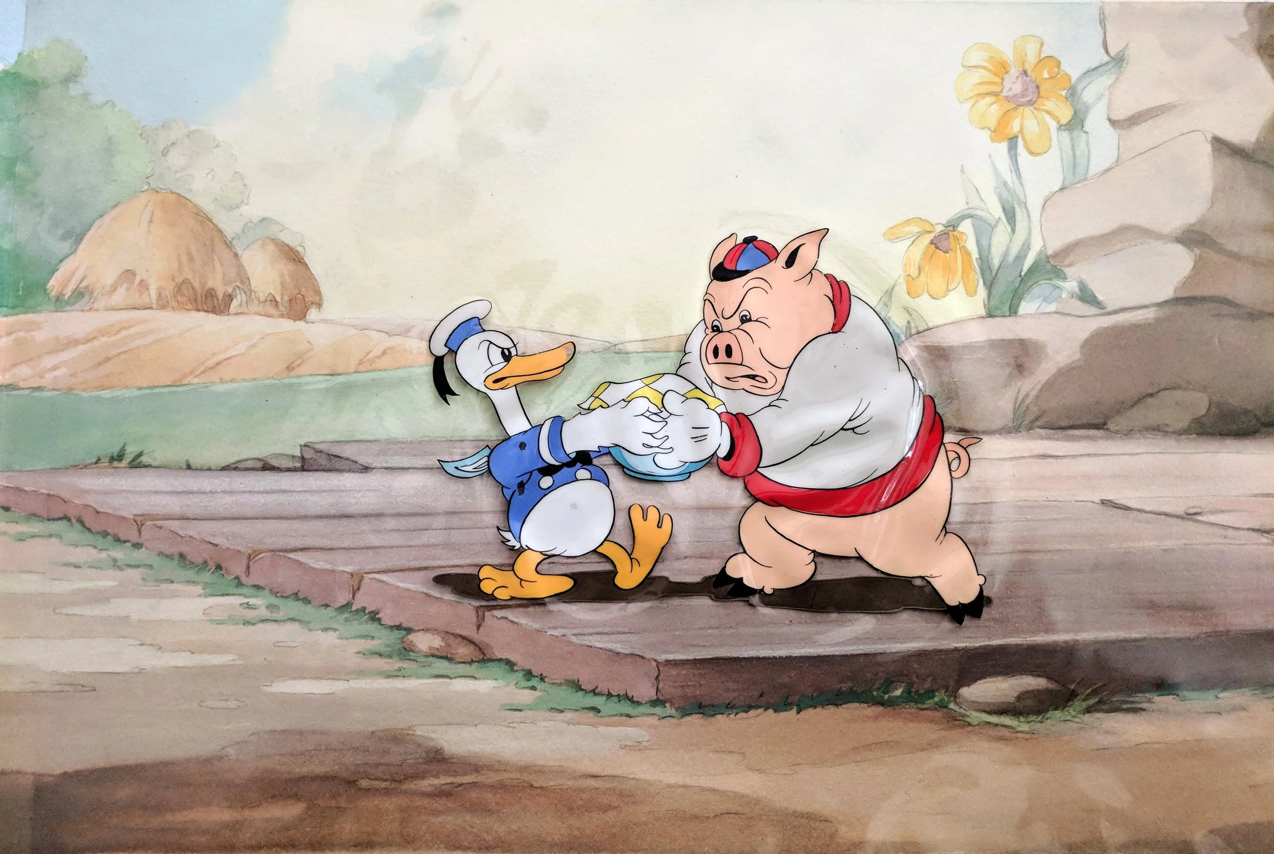 Donald Duck dressed as a sailor holding a plate of food, standing on a wooden porch, facing a large anthropomorphic pig wearing a white shirt, red belt, and cap, who is reaching for the food with an angry expression.
