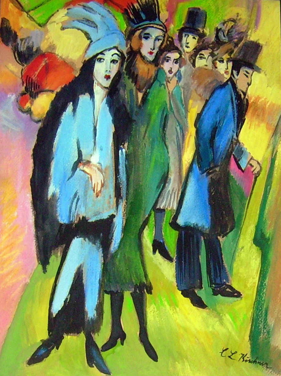 A colorful, expressive painting of a group of people dressed in vintage clothing, with three women in the front wearing hats, and a man in a blue coat and top hat walking alongside them.