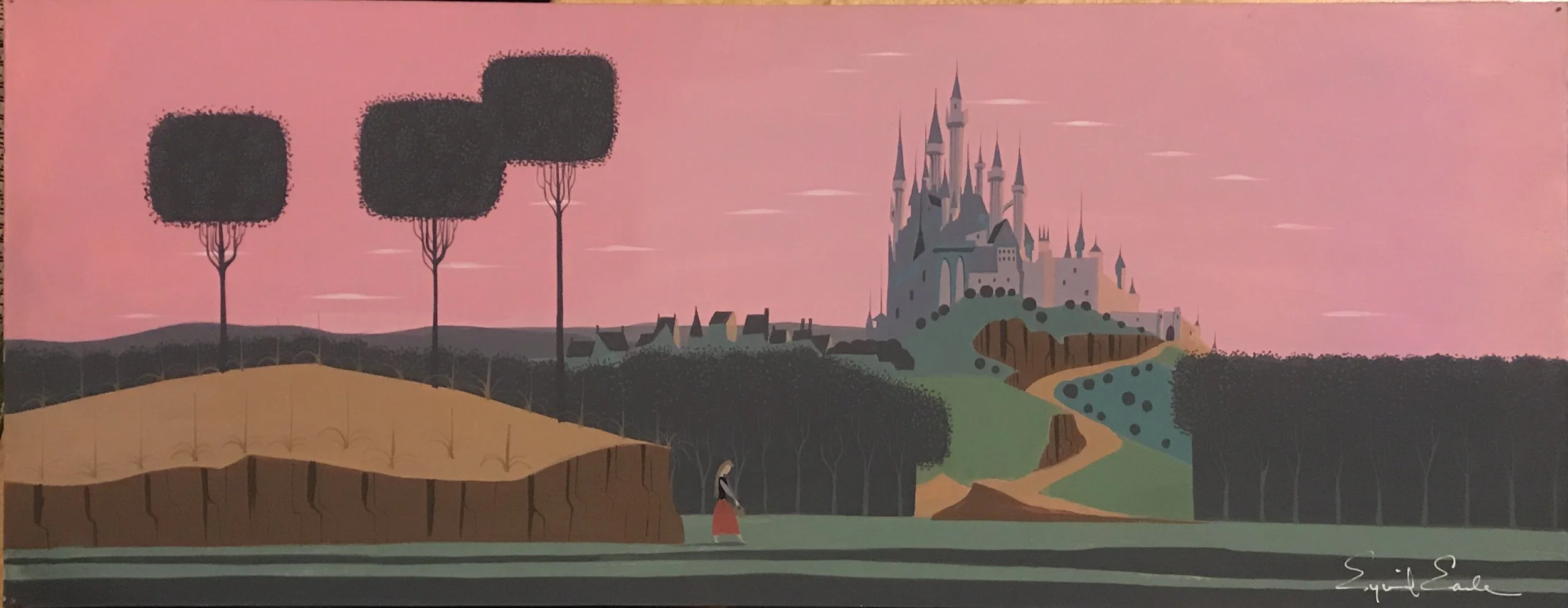 A colorful landscape painting of a pink sky, rolling hills, a castle on a hill, a winding path, trees, and a woman walking in the foreground.