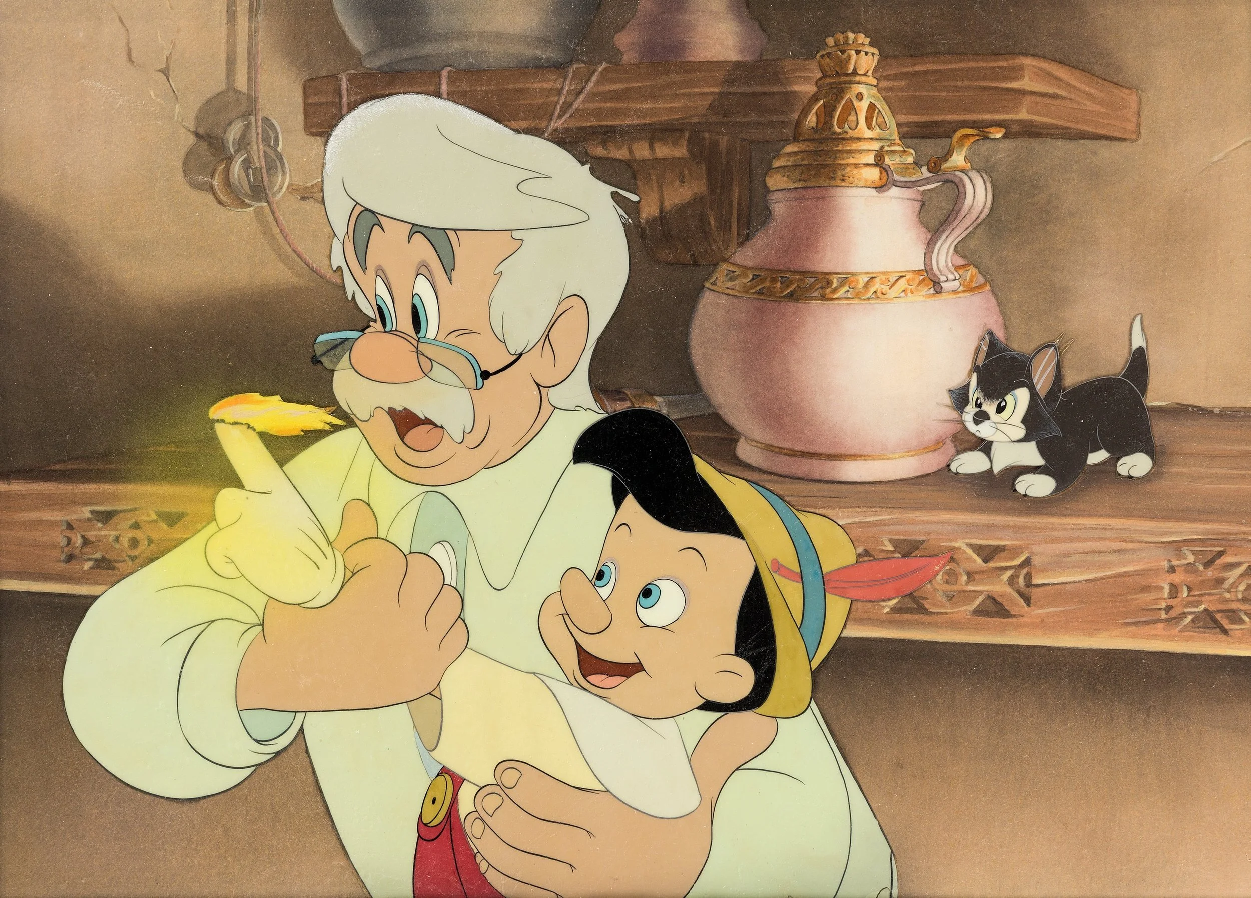 Animation scene with an elderly man with white hair, glasses, and a yellow shirt holding a young boy in a hat, both smiling warmly. A black and white kitten is on a wooden shelf in the background, next to a large pink and gold ornate jug.