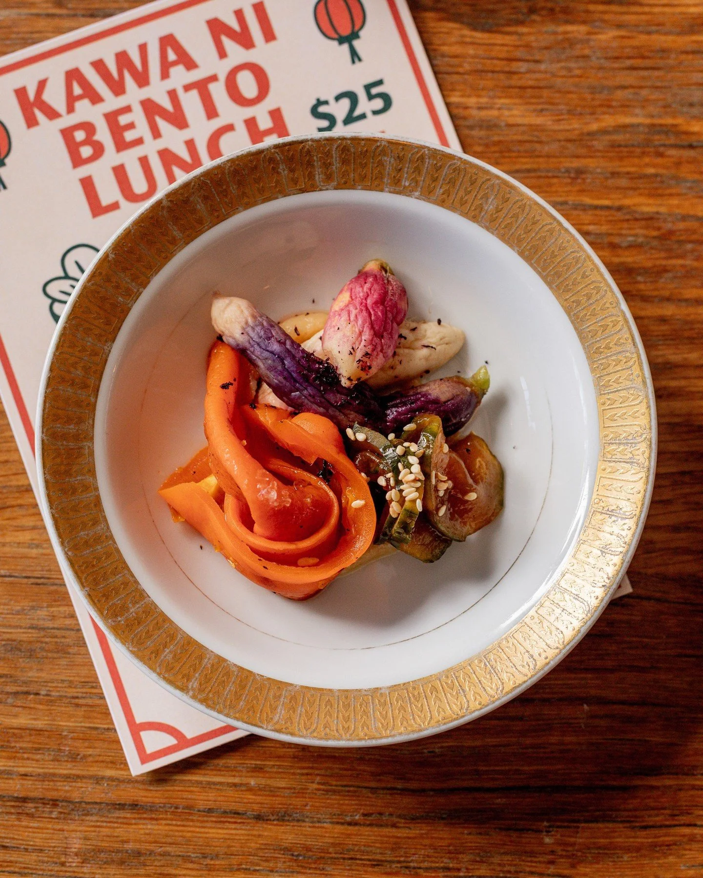 Tsukemono first. Then everything else. ⚡️

Bento lunch, Tuesday through Saturday
Start with tsukemono. Then settle in.