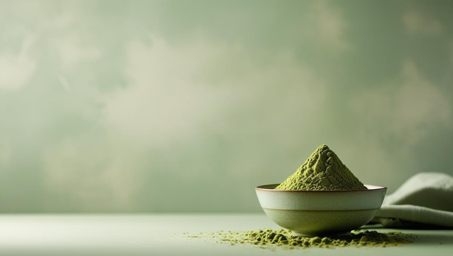 Green matcha powder in a white bowl with some spilled on the surface