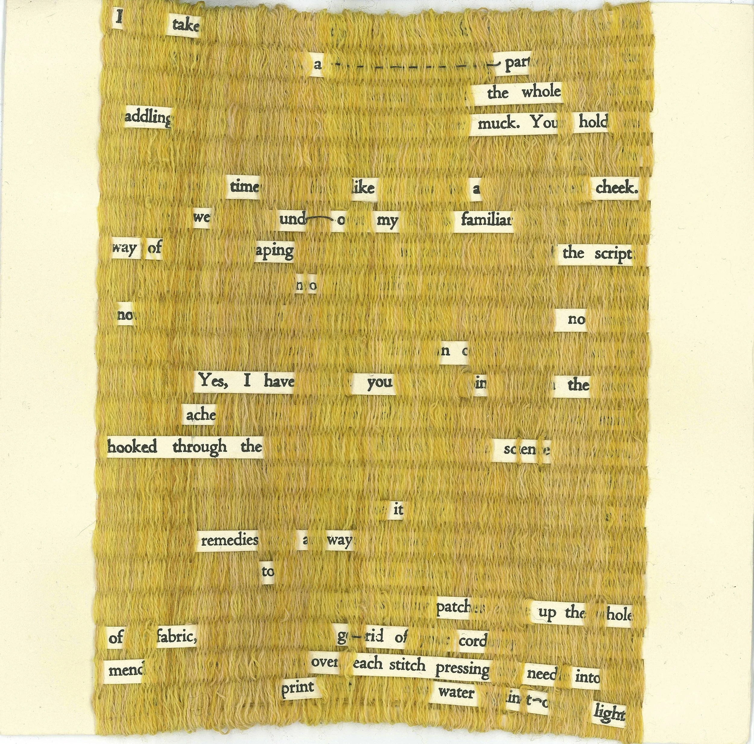 Page 2 of "Mended Haibun," with most of the page erased via weaving thread over the lines of text.